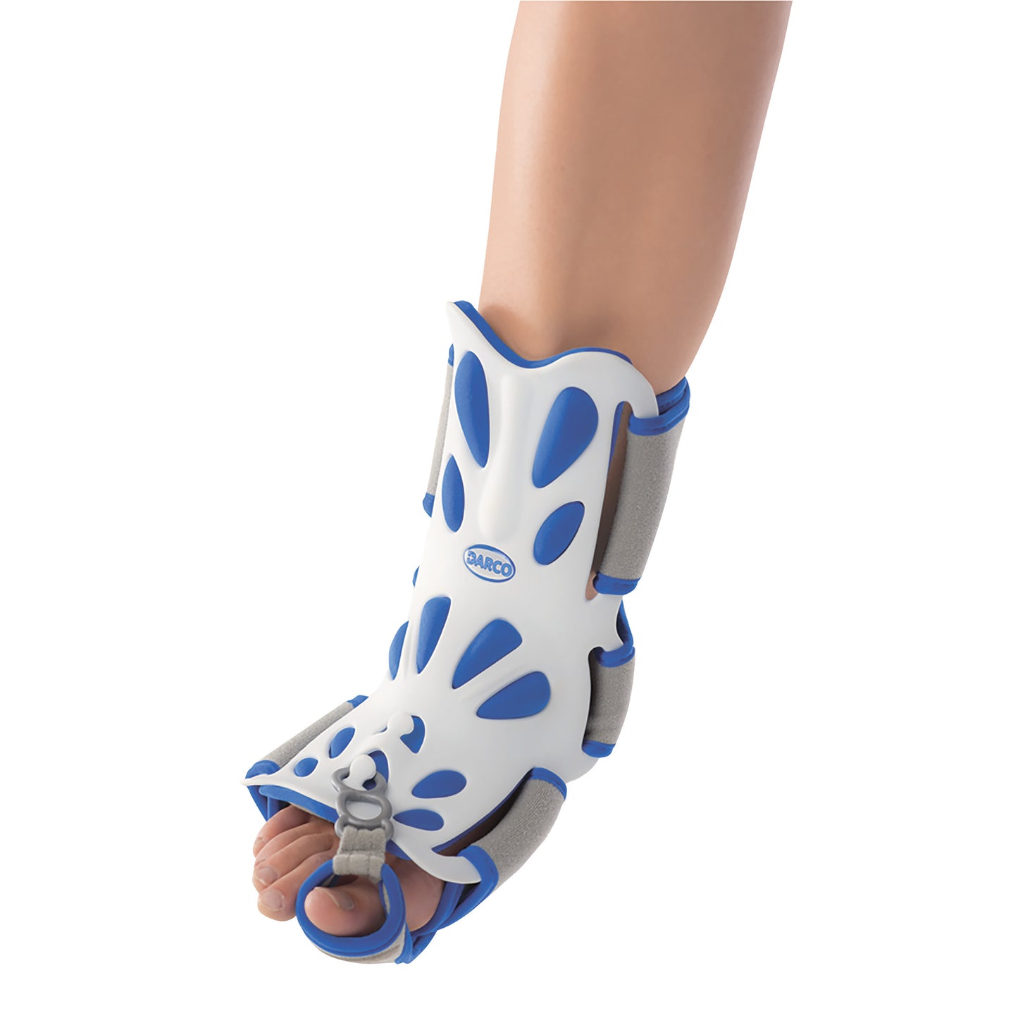 An adult leg wearing a DARCO Body Armor Night Splint in white and blue, designed to support the foot, ankle, and lower leg.
