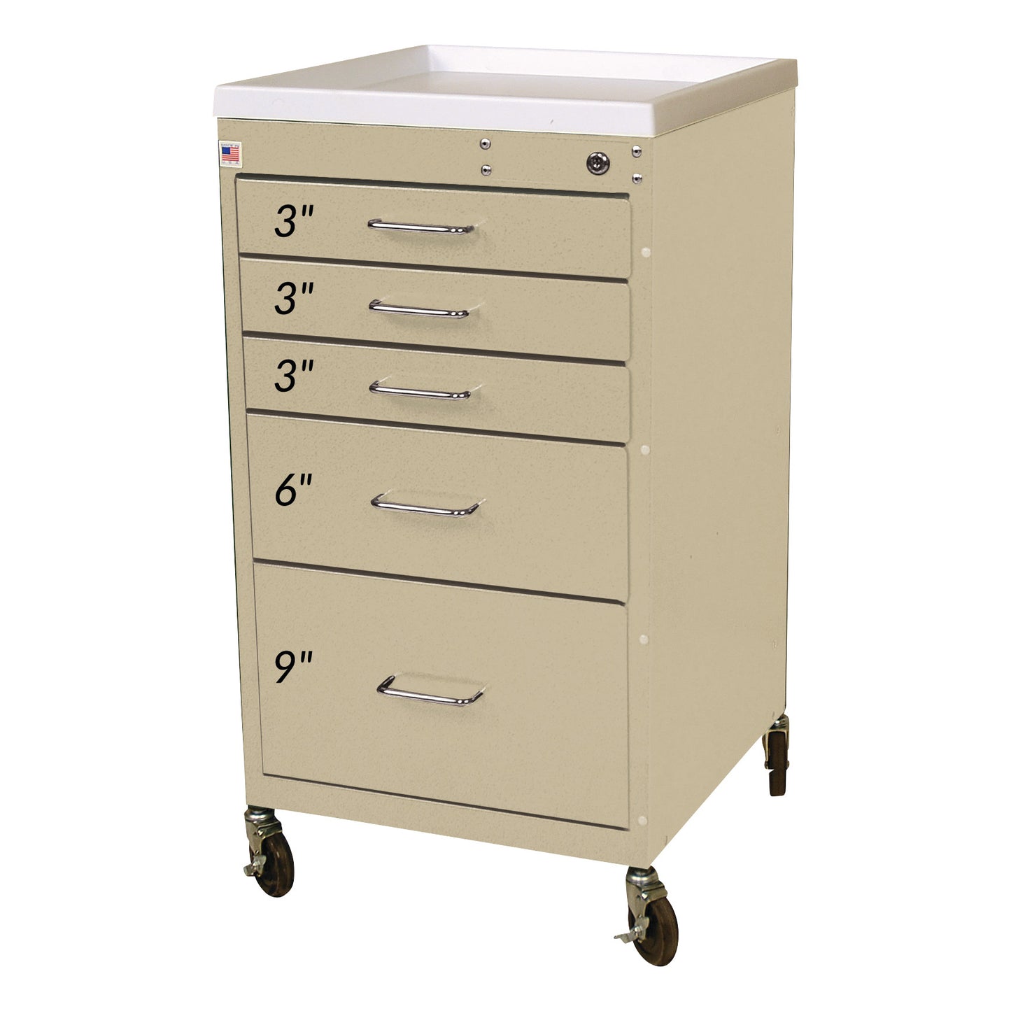 AliMed Quick Ship Mini Series 5-Drawer Cart with Key Lock has drawers labeled 3', 3', 3', 6', 9' and is on wheels.