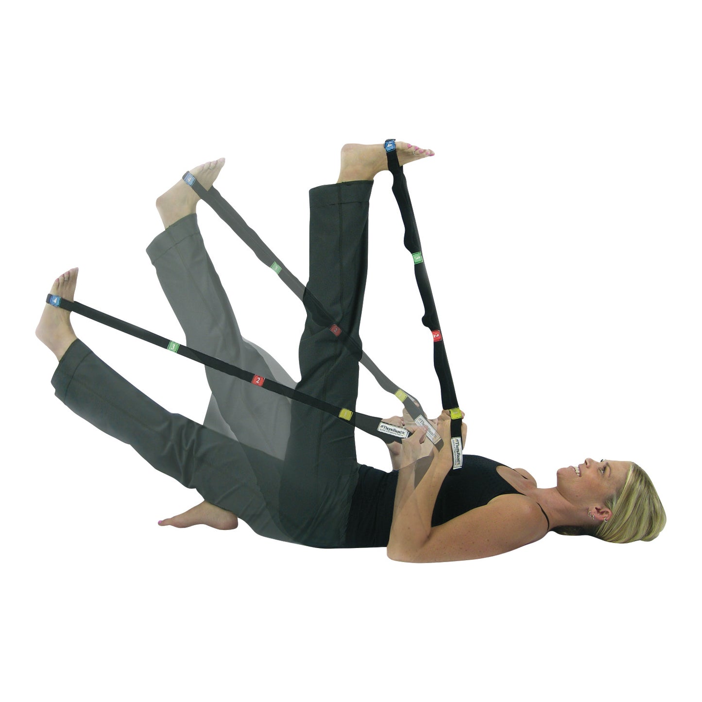A person uses a THERABAND Stretch Strap while lying down, demonstrating leg stretching exercises with numbered loops on the strap.