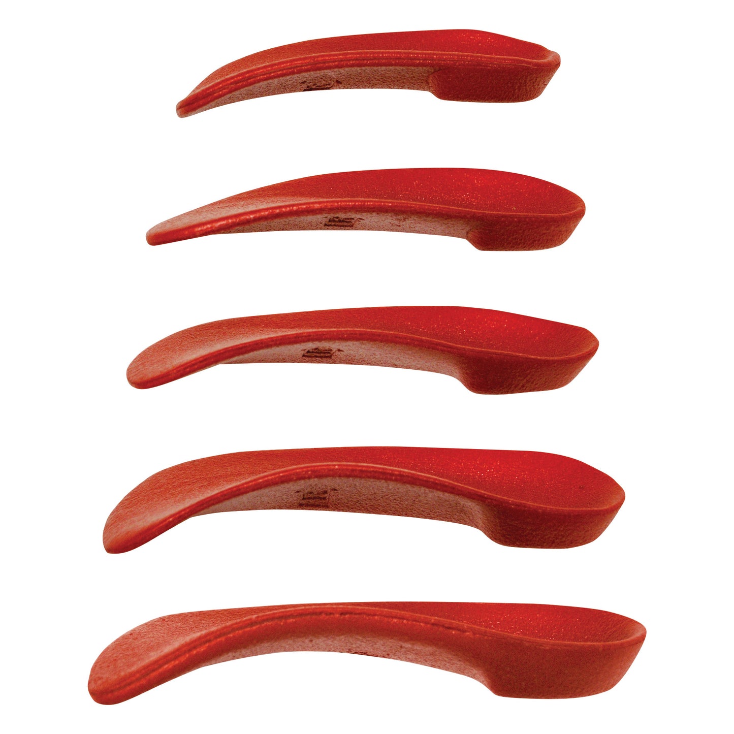 Five curved Arch Angels Insole pieces are displayed in a stacked arrangement. They are red and designed for arch support.