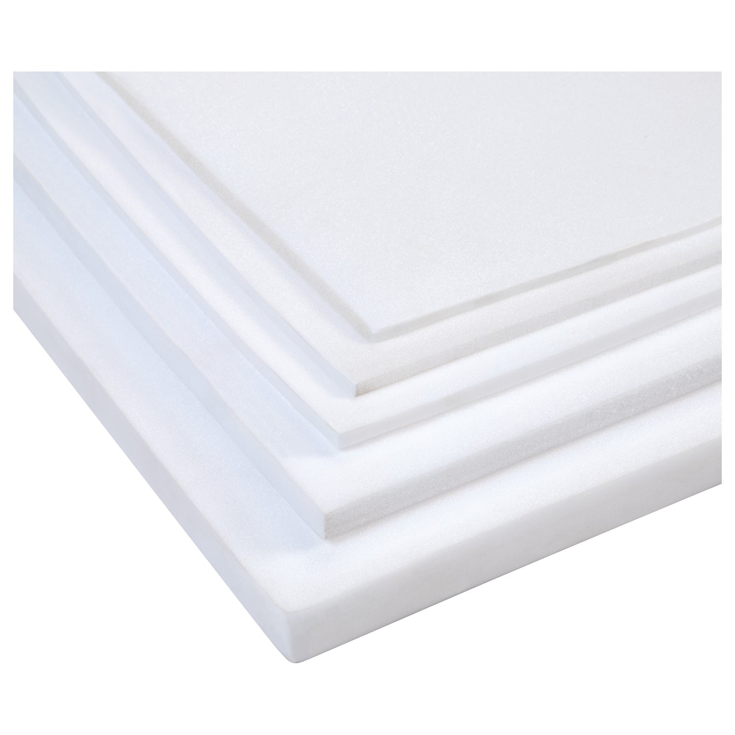 Stacked sheets of white foam material labeled "Plastazote #1," showing varying thicknesses on a plain background.