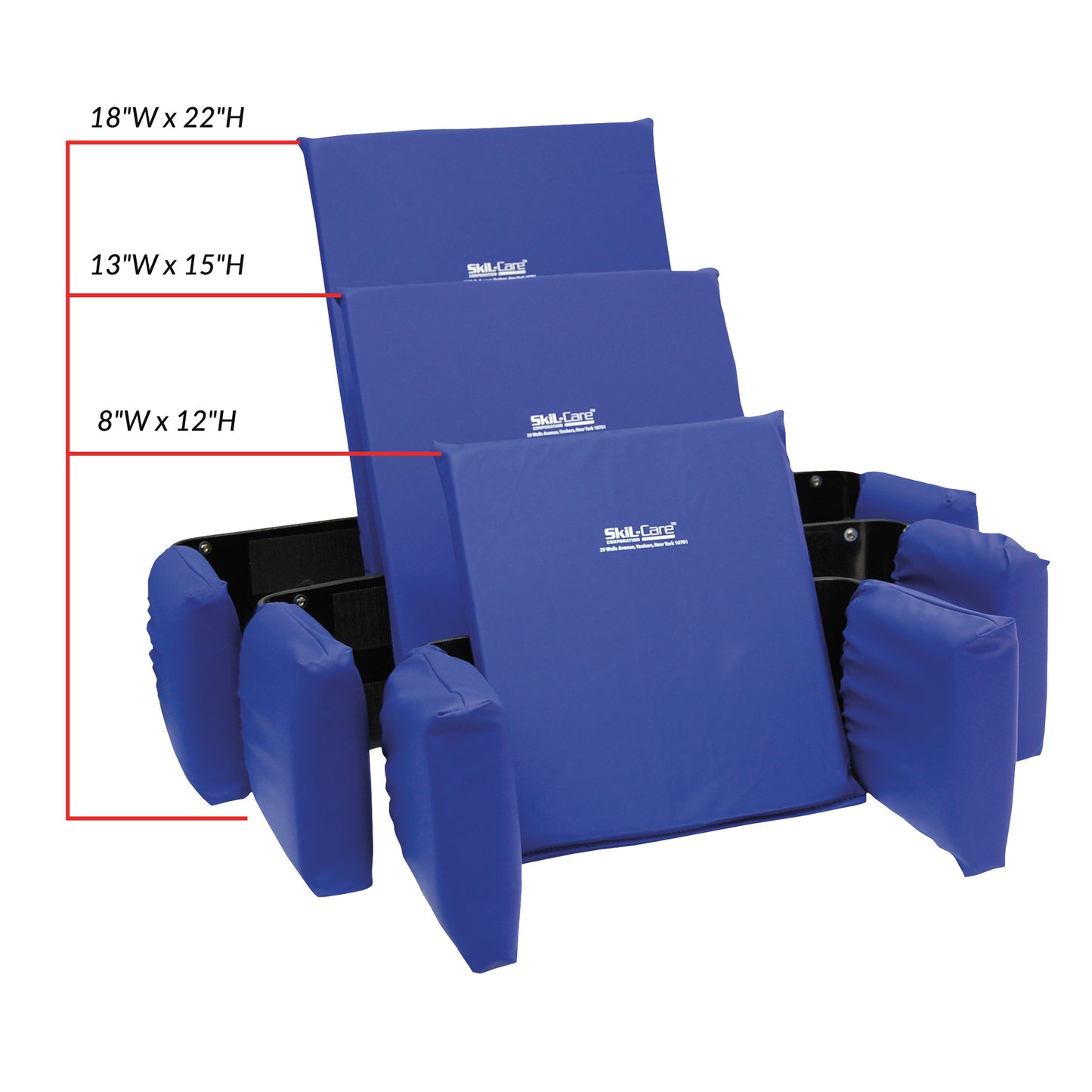 The SkiL-Care Adjustable Lateral Support in blue. It features three cushioned panels with dimensions of 18"x22", 13"x15", an.