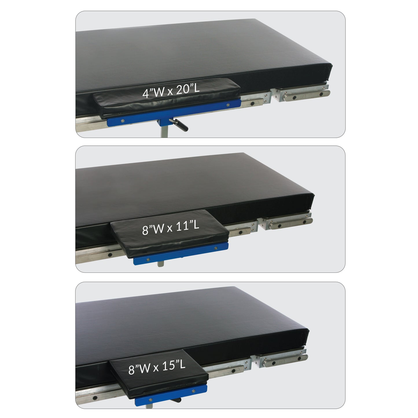 Three sizes of the AliMed Table Width Extender. Dimensions: 4"x20", 8"x11", and 8"x15". Each has a black padded surface.