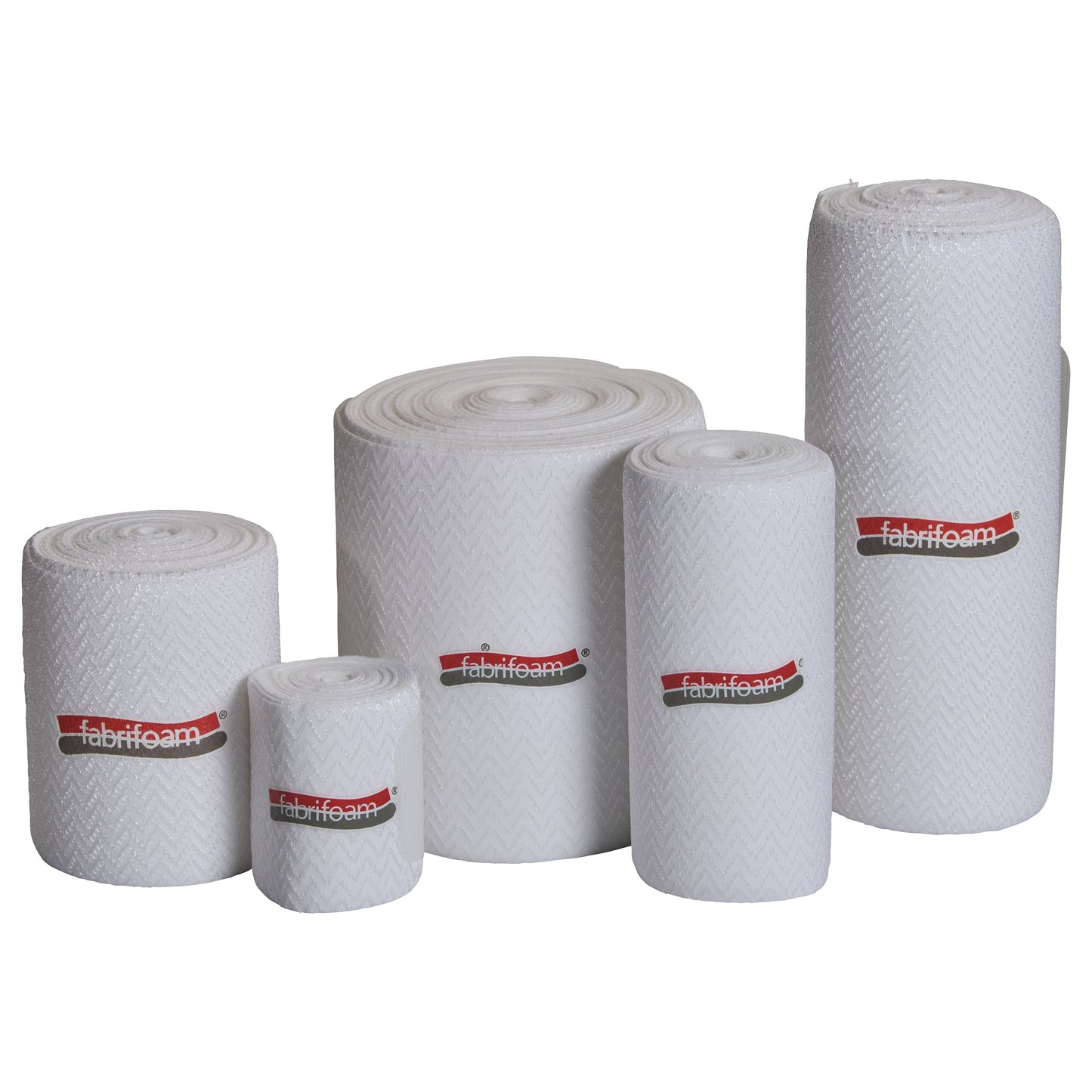 Five sizes of white SuperWrap Compression Wraps are displayed upright, featuring a zigzag pattern and a "fabrifoam" logo.