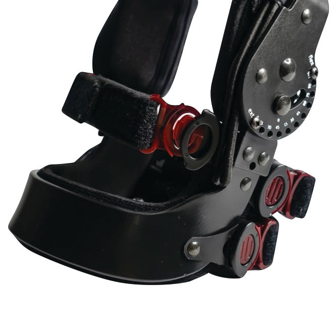 A Sport Rehabilitator Knee Brace, featuring black, adjustable straps and metal components with red accents.