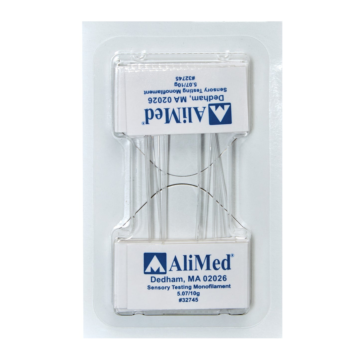 Packaging of AliMed Disposable Monofilament sensory testing tool, showing the product encased in clear plastic with labeling.