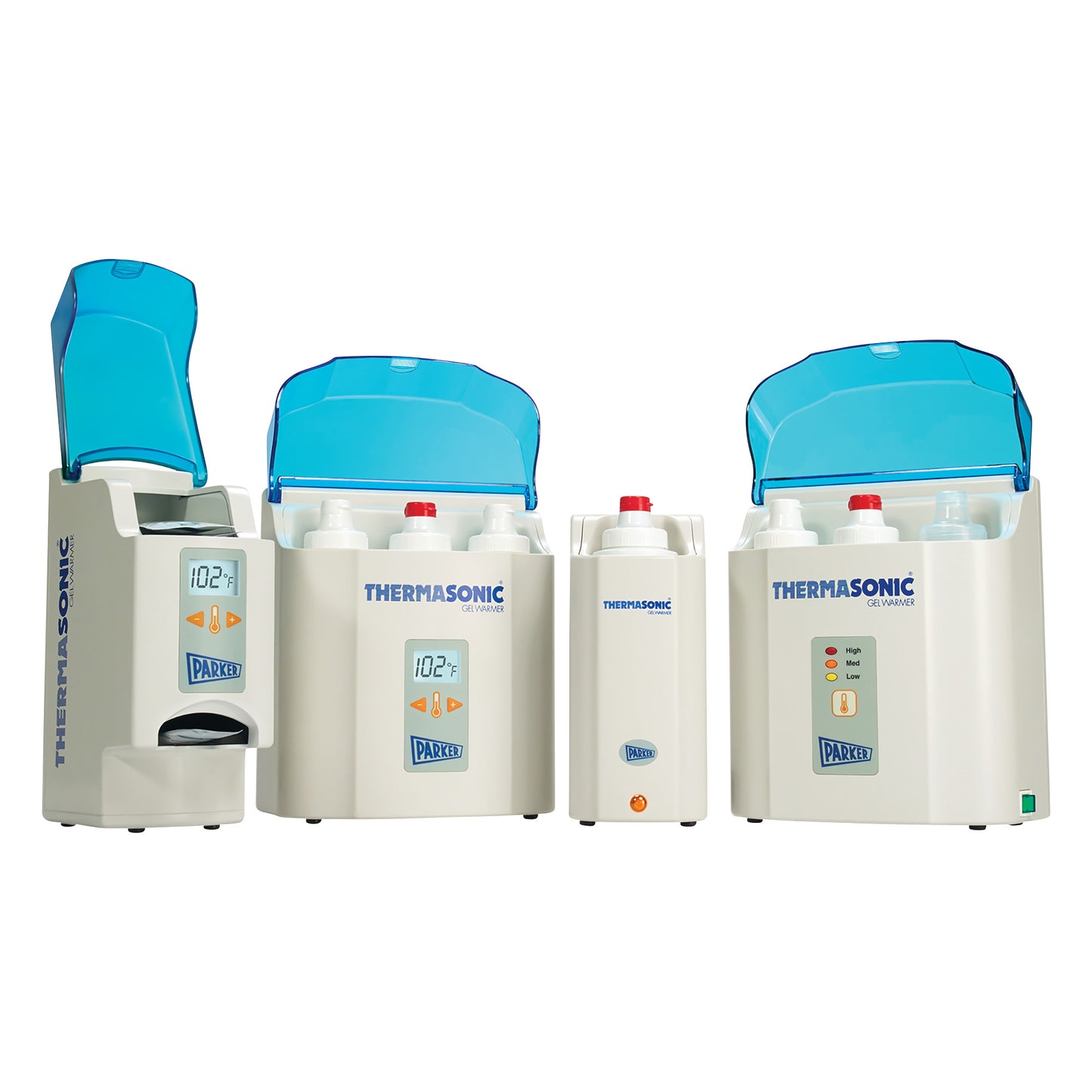 Thermasonic gel warmers with digital displays and blue lids. Text reads "Parker Labs THERMASONIC Gel Warmer."