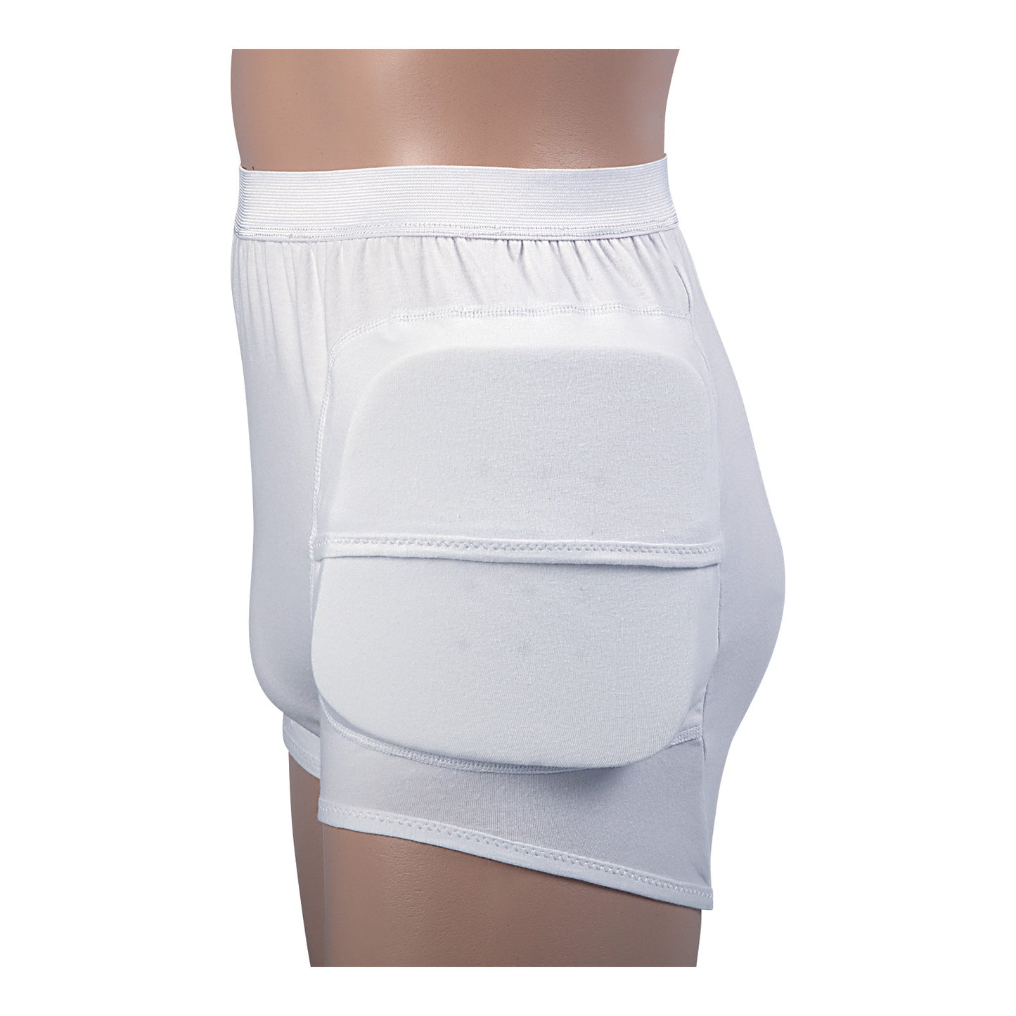 Side view of AliMed HipShield X-tra Hip Protector on a mannequin. The white padded protector is fitted onto the hip area.