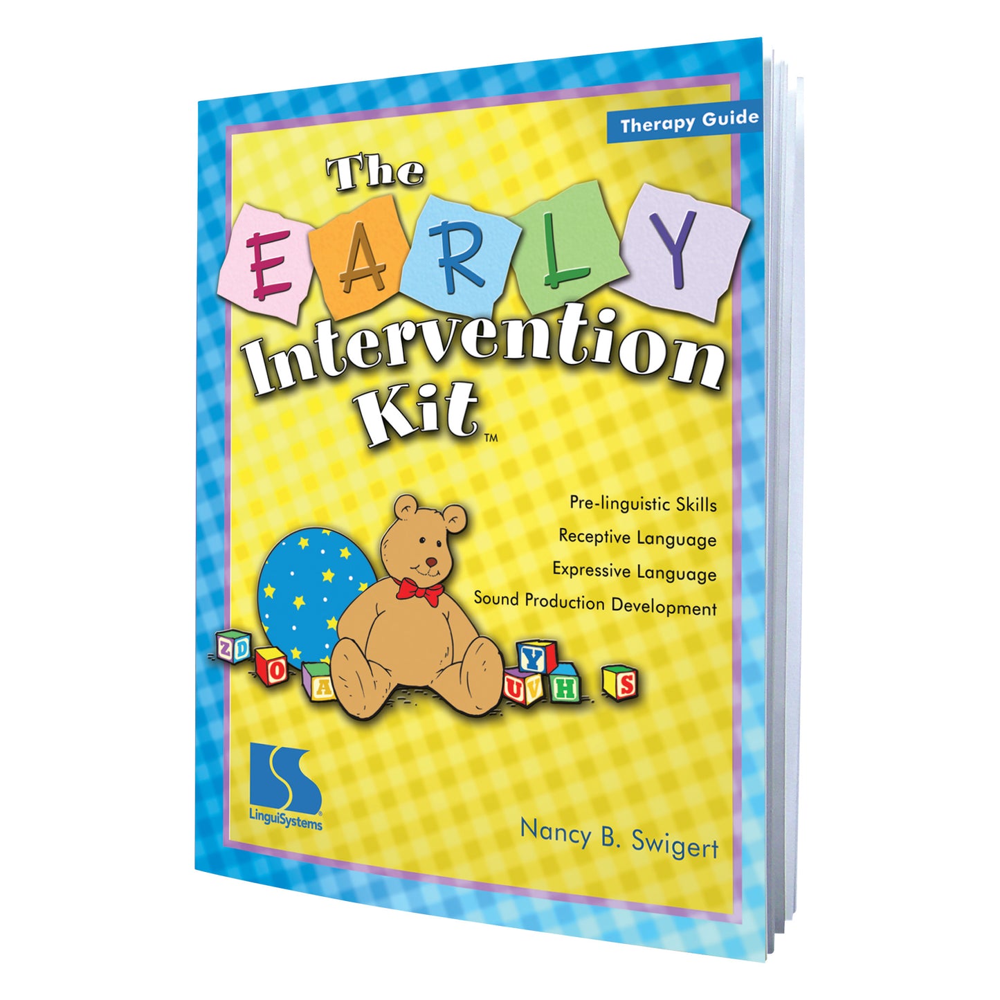 The cover of "The Early Intervention Kit" therapy guide by Nancy B. Swigert. It features a bear with blocks.