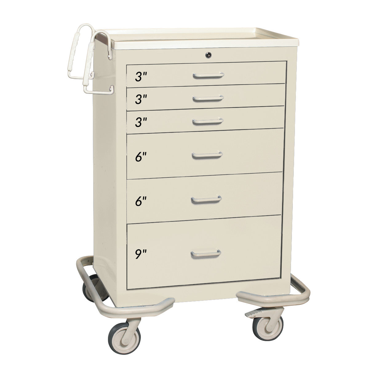 AliMed Standard Series 6-Drawer Procedure Cart with Key Lock, Solid Beige. It has various drawer sizes and is on four wheels.