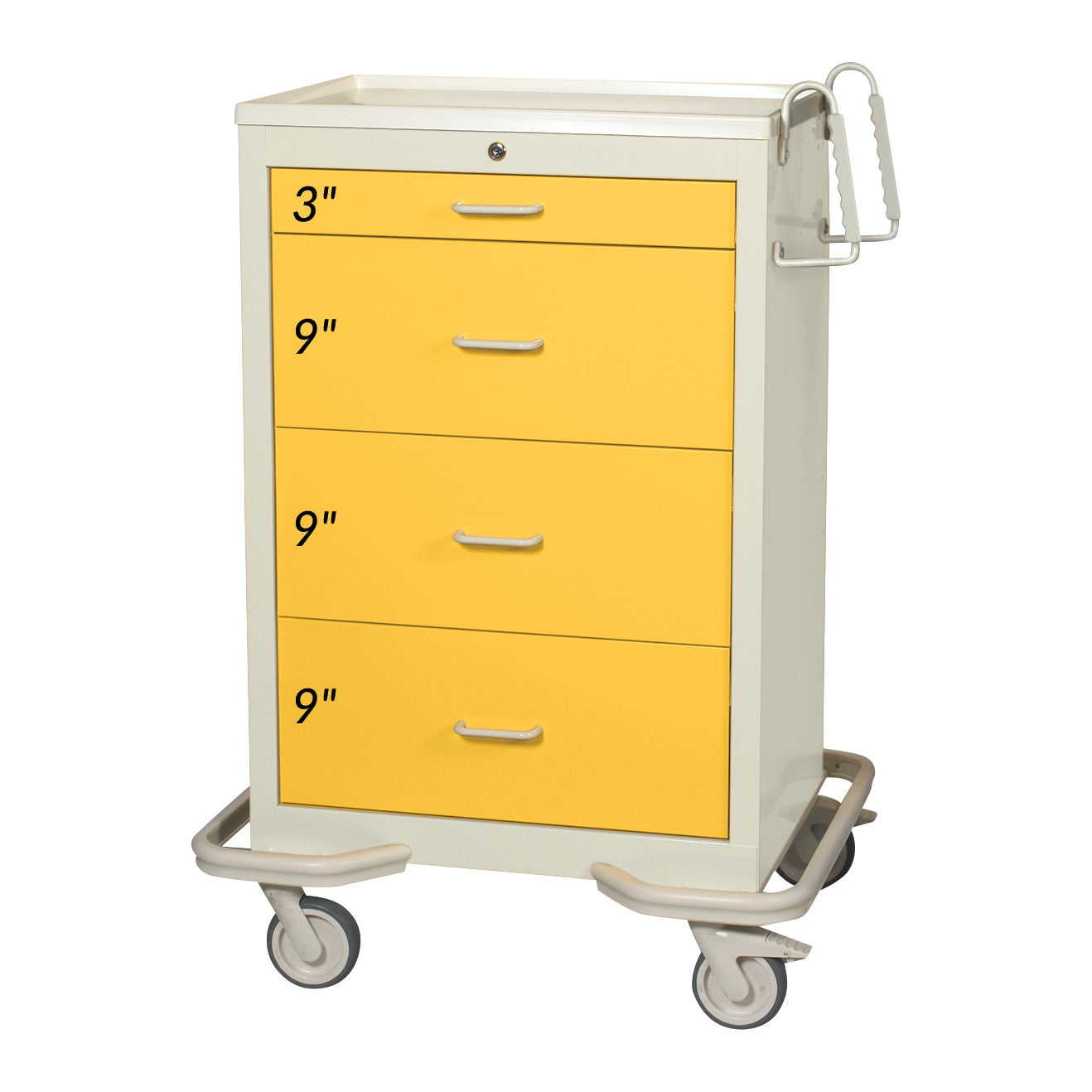The AliMed Standard Series 4-Drawer Isolation Cart with Key Lock features a yellow front and four labeled drawers on wheels.