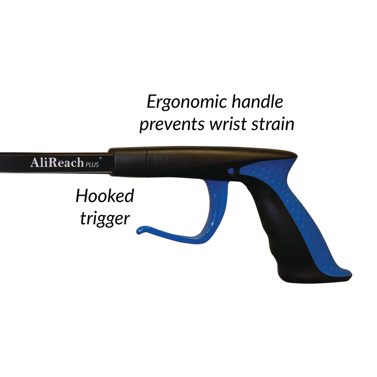 The AliMed AliReach Plus Reacher with an ergonomic handle and hooked trigger, designed to prevent wrist strain.