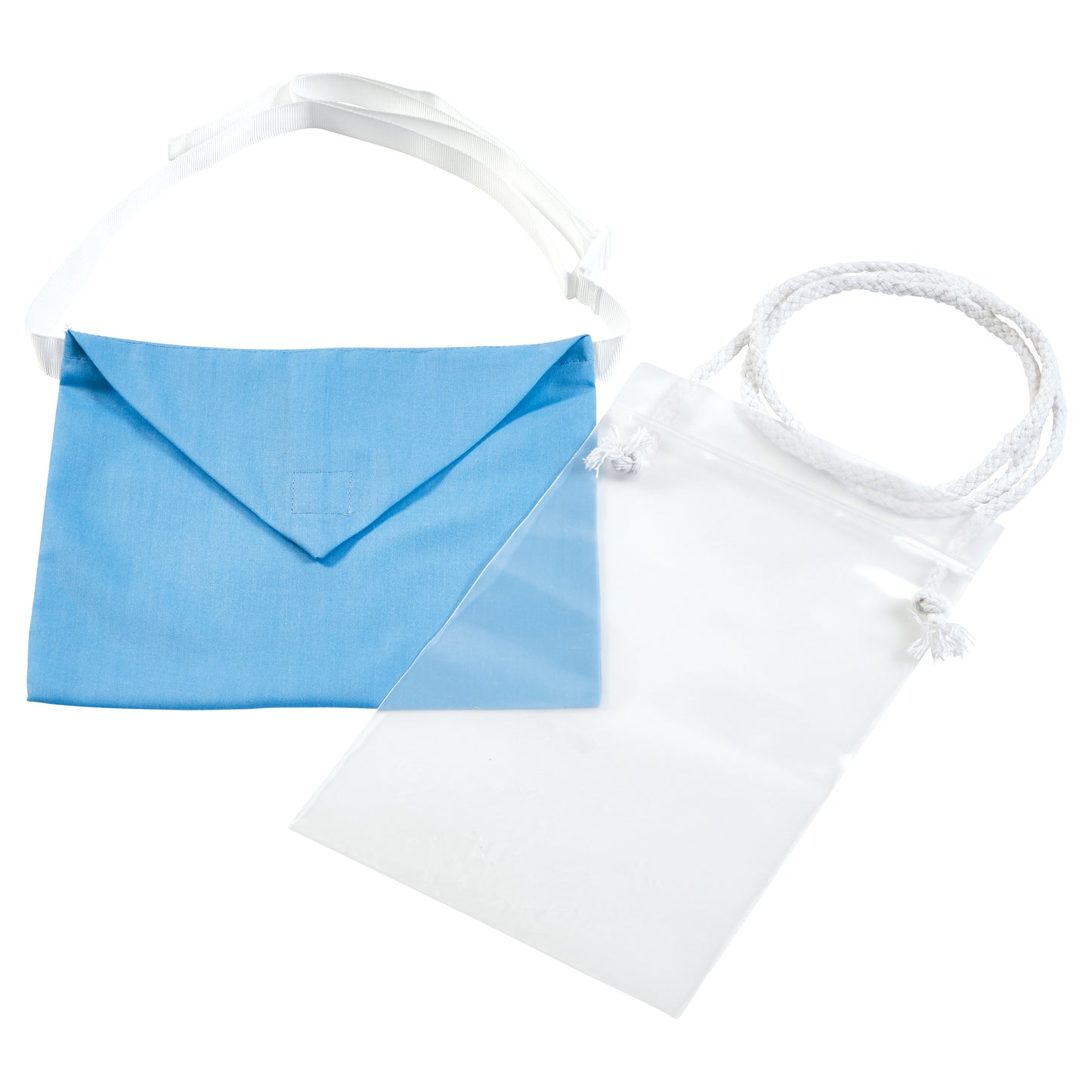 An Expand-A-Band Drain Pouch, which includes a blue fabric pouch with a white adjustable strap, and a clear plastic section .