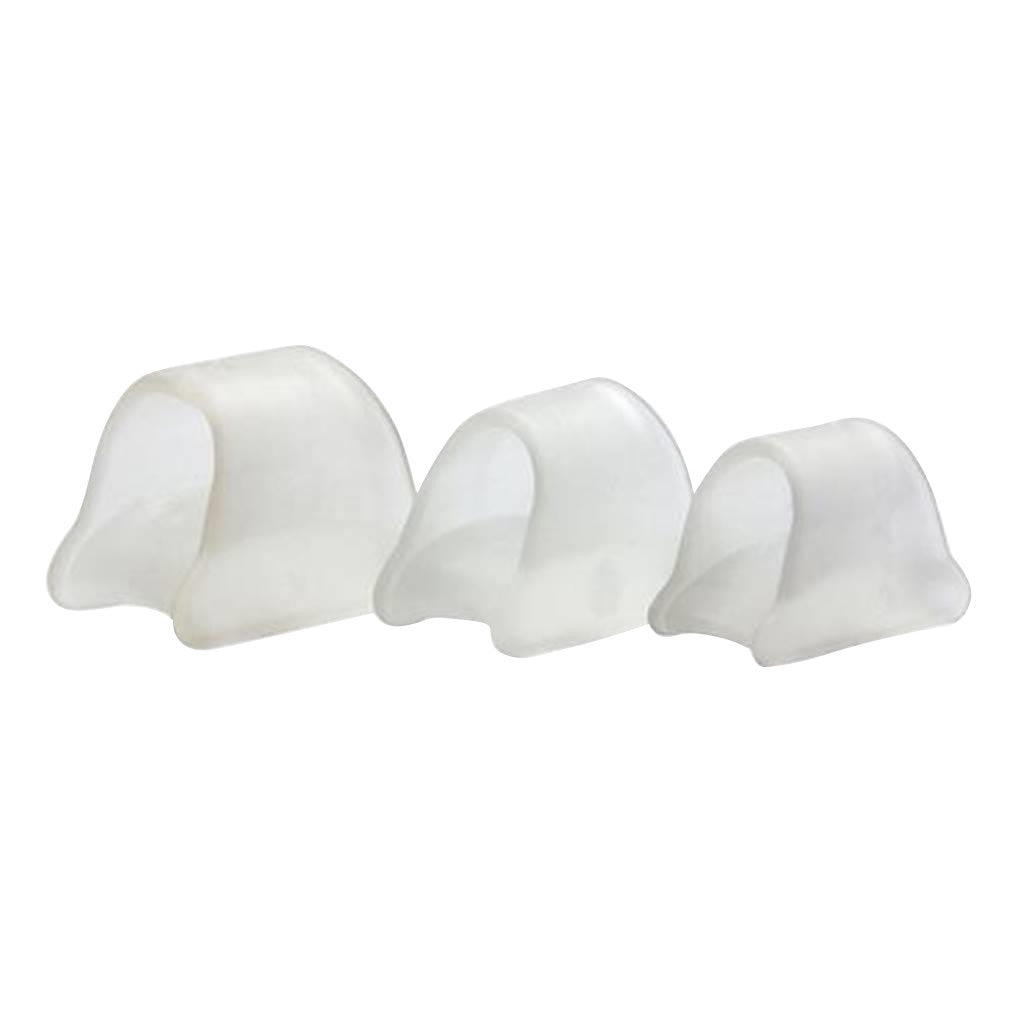 Three PediFix Visco-GEL Hammer ToeCrutches arranged in descending size, made of translucent material for toe cushioning.