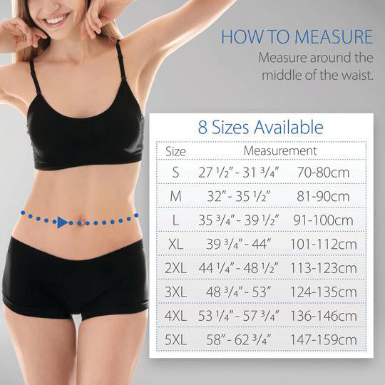 A woman in black underwear shows how to measure waist size for Swede-O Thermal Lumbar Support. Size chart ranges from S to 5XL.