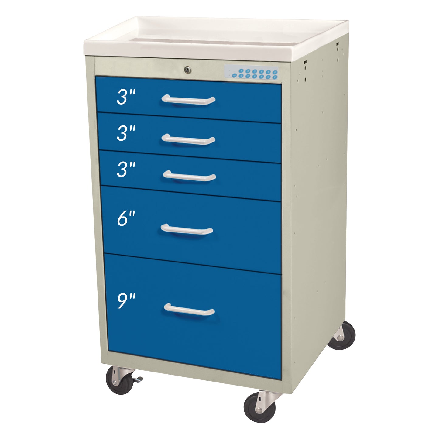 AliMed Mini Series 5-Drawer Anesthesia/Procedure Cart with Electronic Lock, features blue drawers with varying depths on wheels.