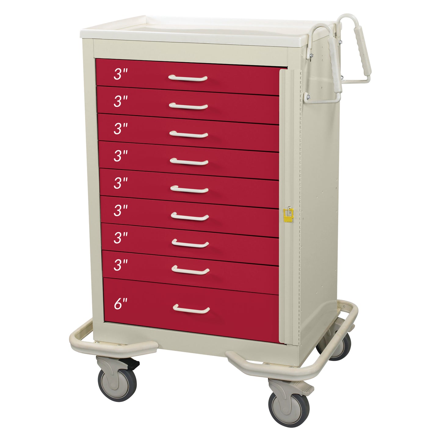 The AliMed Standard Series 9-Drawer Emergency Cart. It is beige with red drawers labeled '3 inch' and one '6 inch' drawer.