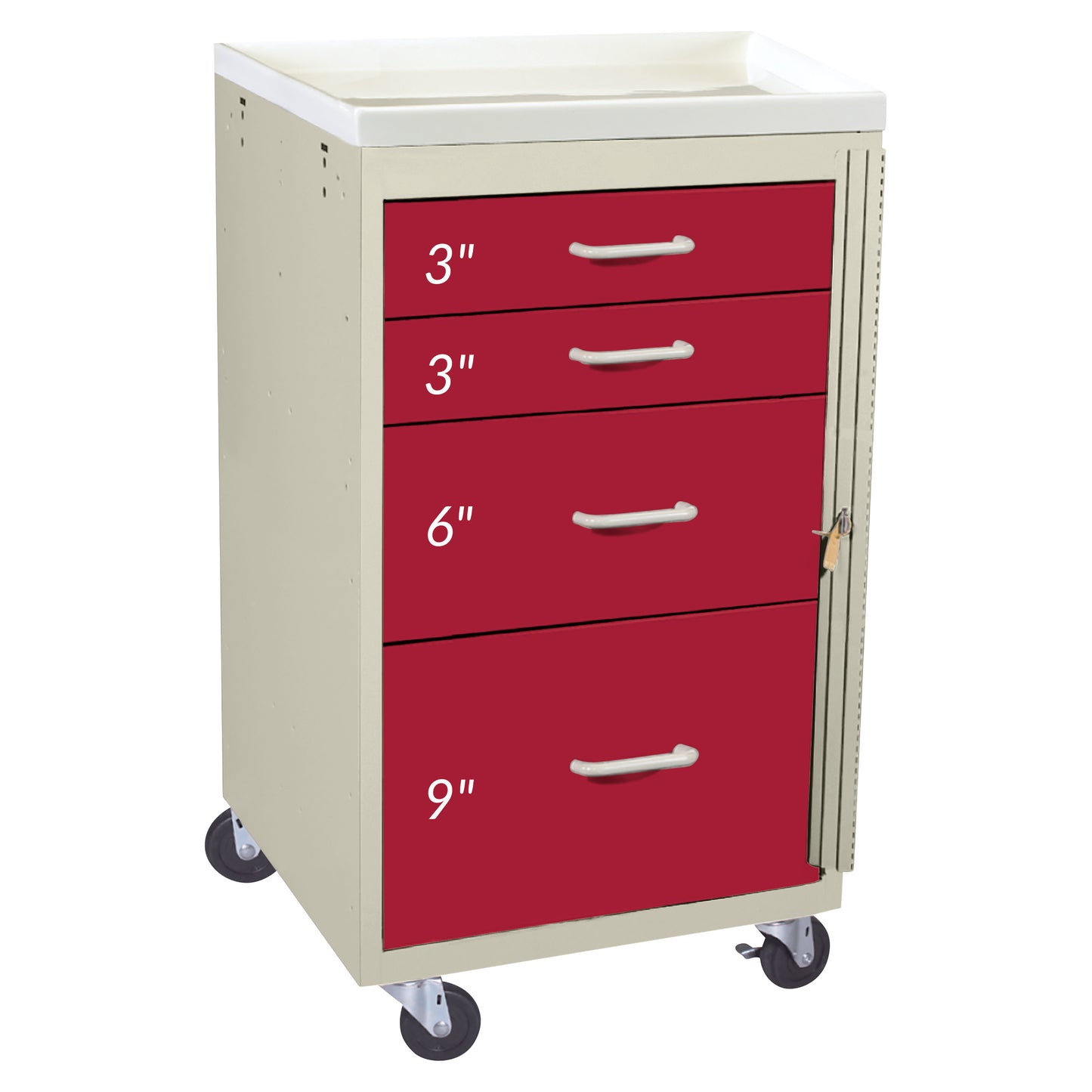 AliMed Mini Series 4-Drawer Emergency Cart with red drawers labeled 3', 3', 6', and 9'. It has wheels and a beige frame.