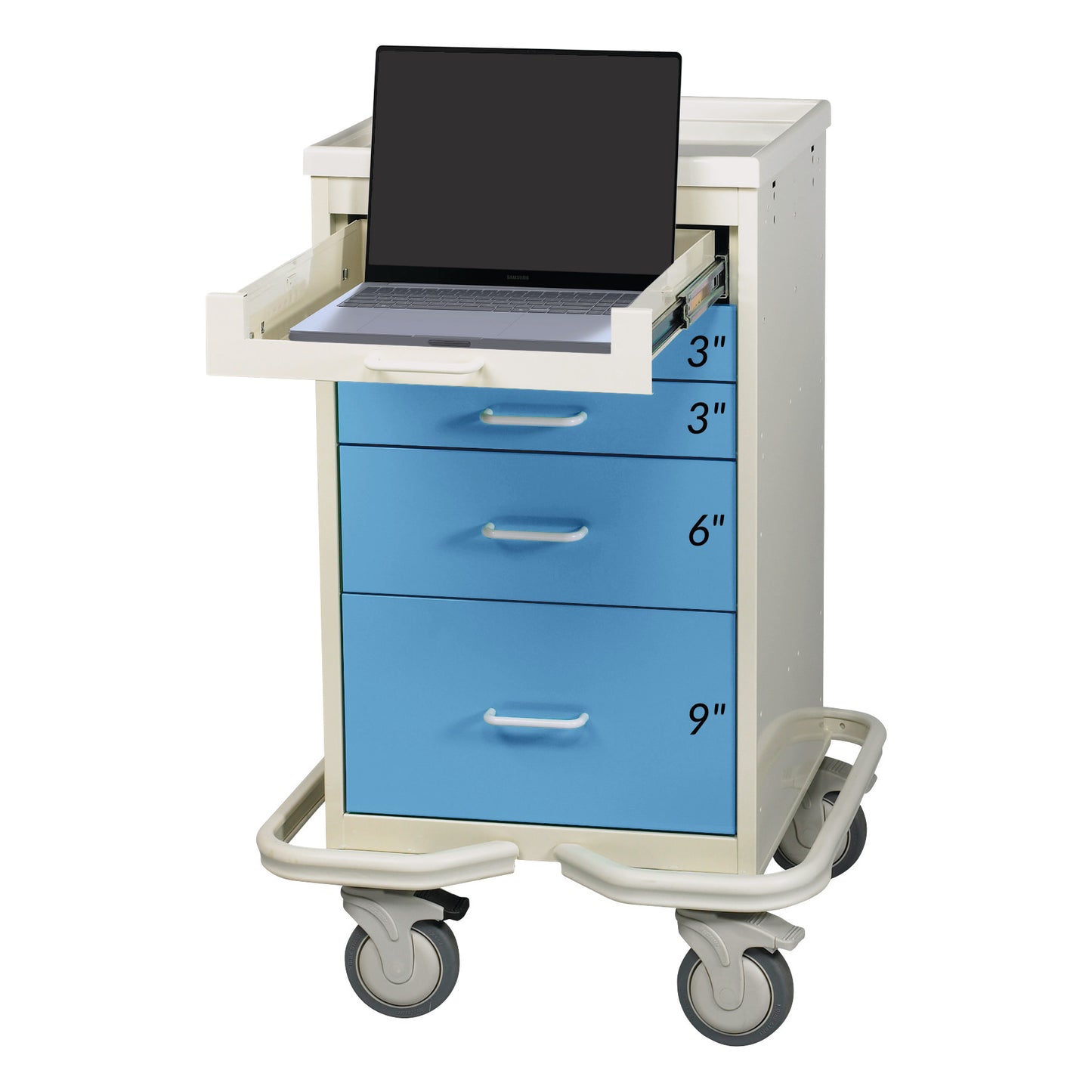 AliMed Mini Series 5-Drawer Computer Tower Cart with a laptop on the top drawer. It has blue drawers labeled with their depths.