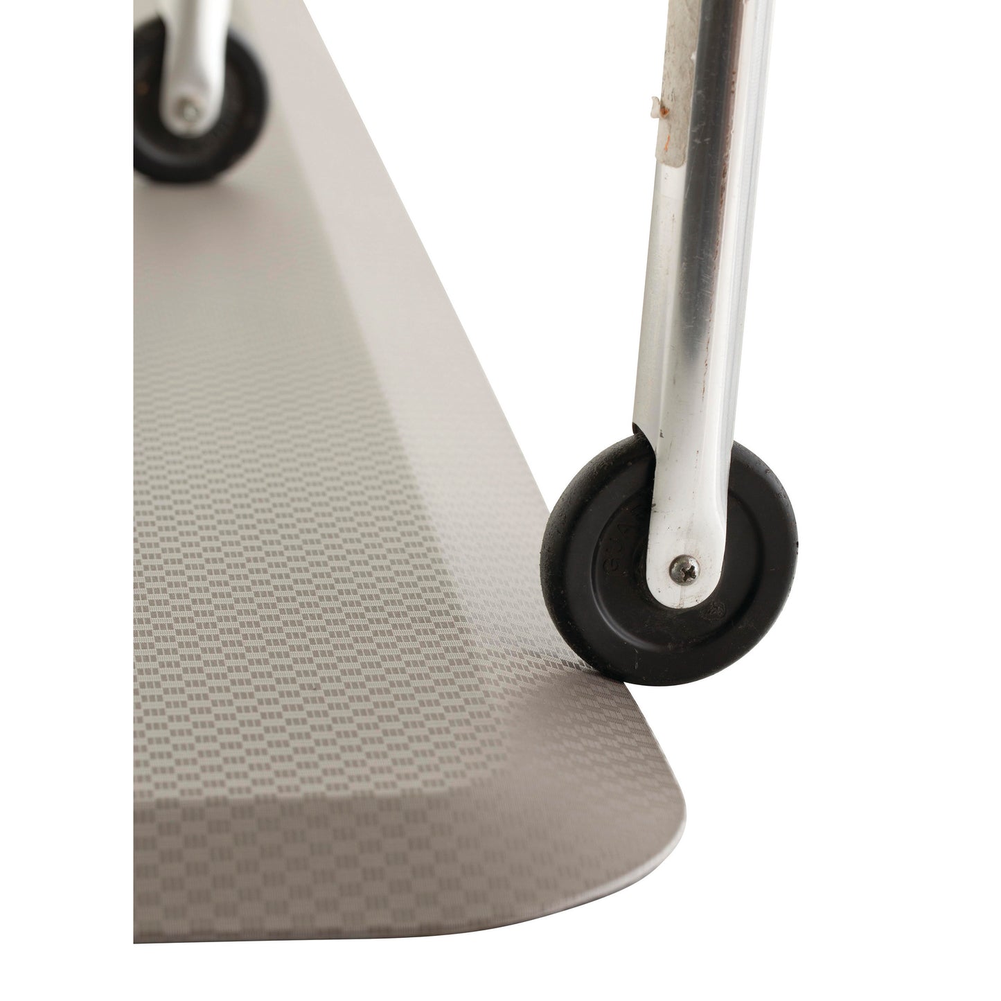 FLATMAT Bedside Fall Mat with a textured surface, showing caster wheels resting on its edge.