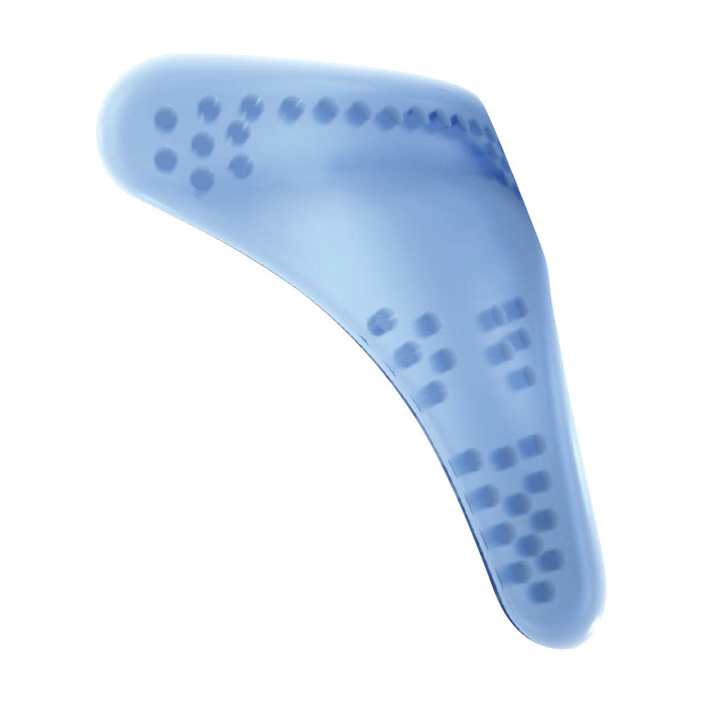 The Bauerfeind OmoTrain S, a blue orthopedic shoulder support with perforations for ventilation.