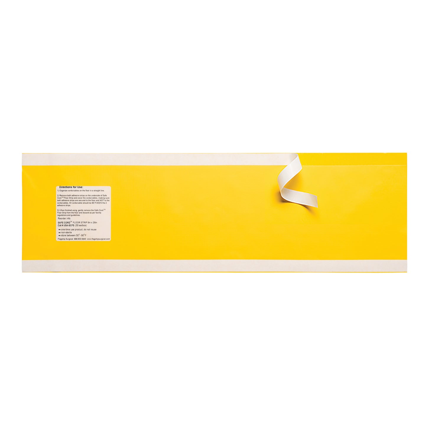 Yellow Flagship Surgical Safe Cord Floor Strip with white edges, featuring a strip of white tape and an instructional label.