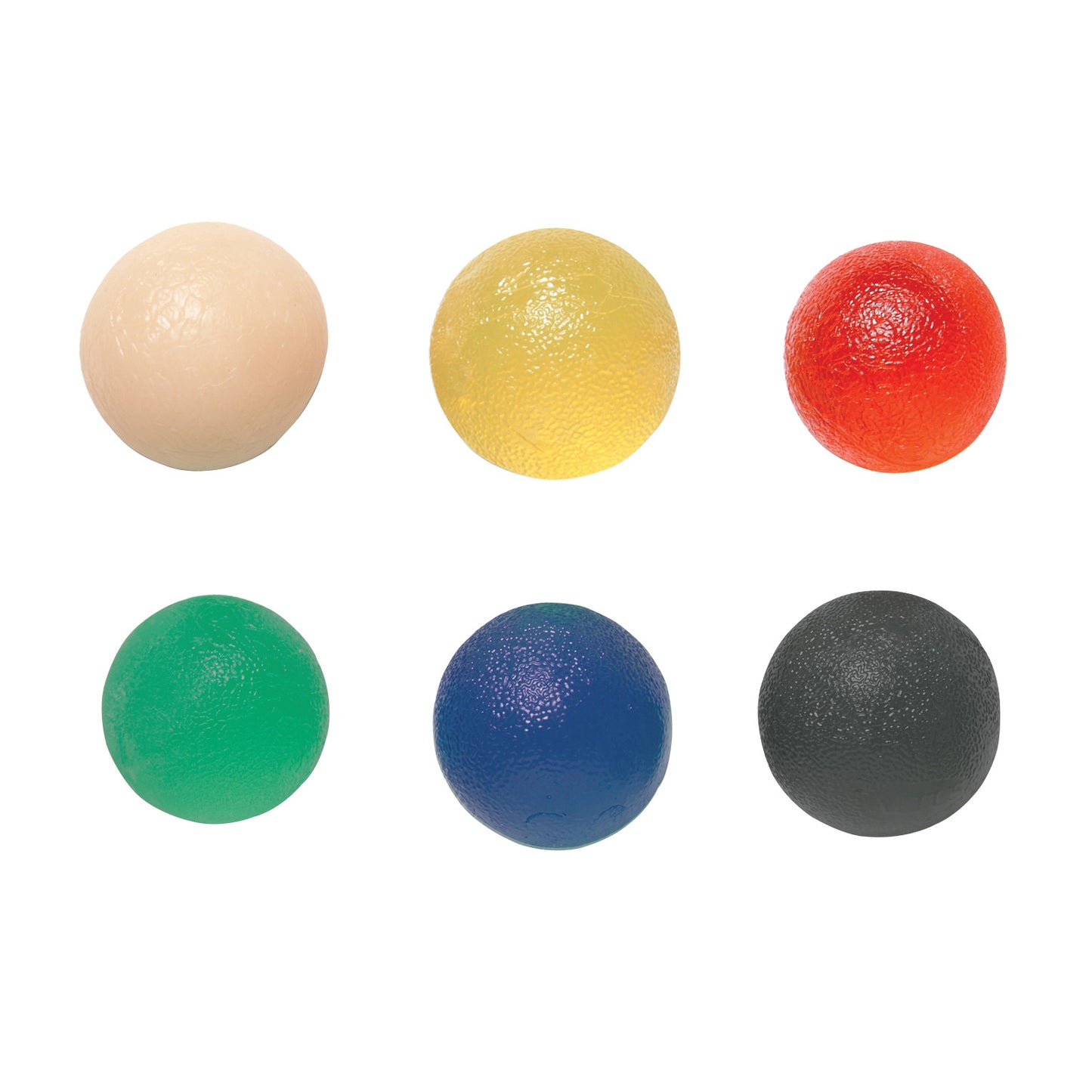 Six colorful CanDo Gel Squeeze Balls are arranged in two rows, featuring textures in beige, yellow, red, green, blue, and black.