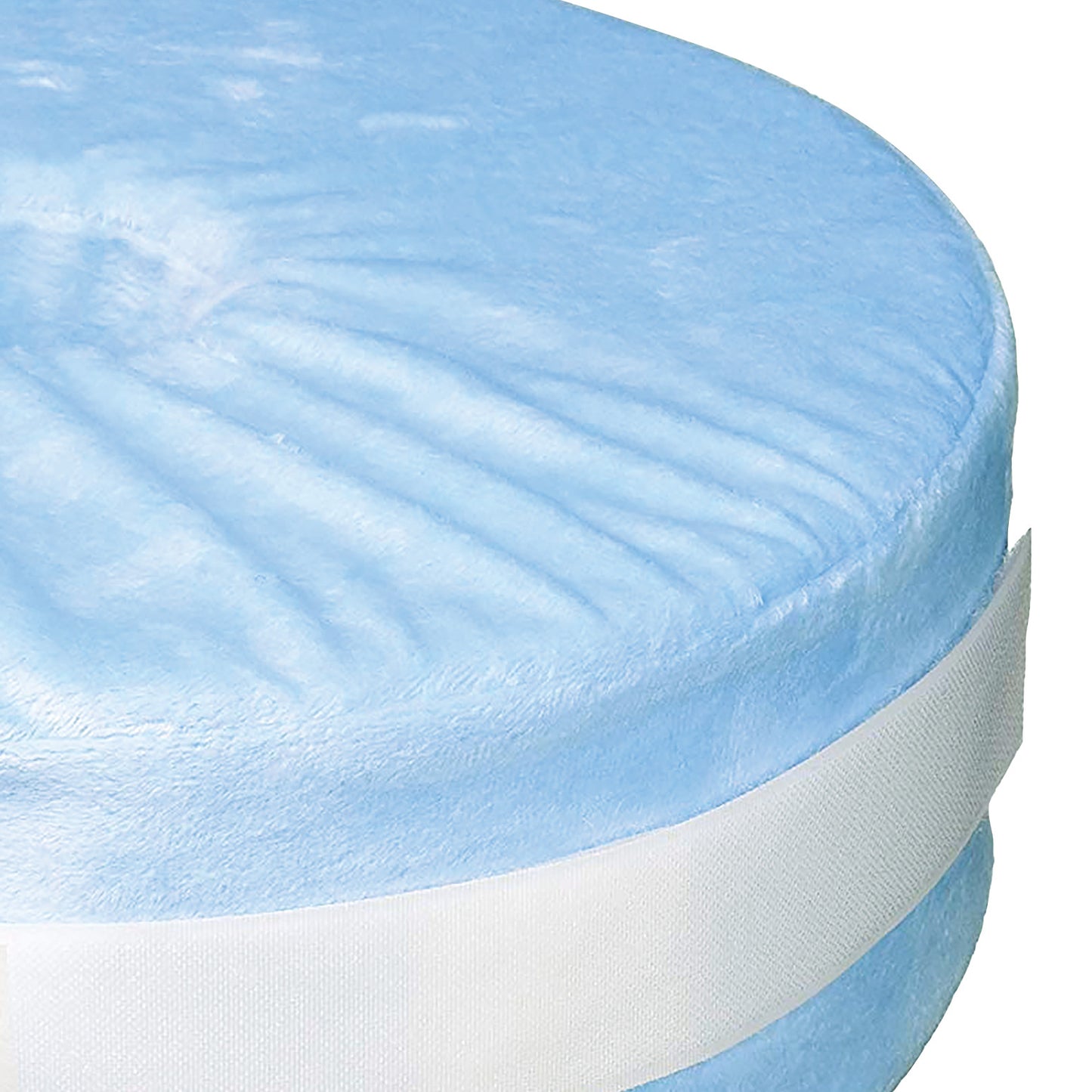 The SkiL-Care Foot/Heel Elevator, a round, soft blue cushion with a white strap around it.