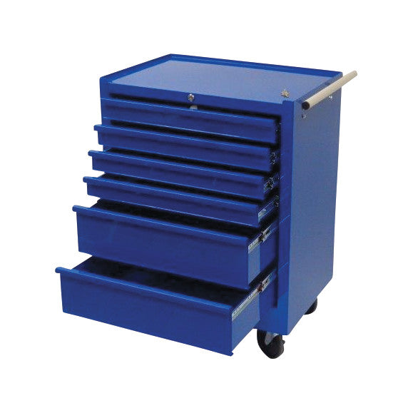 Blue AliMed 6-Drawer Economy Treatment Cart with Push Handle, featuring some open drawers and wheels for mobility.