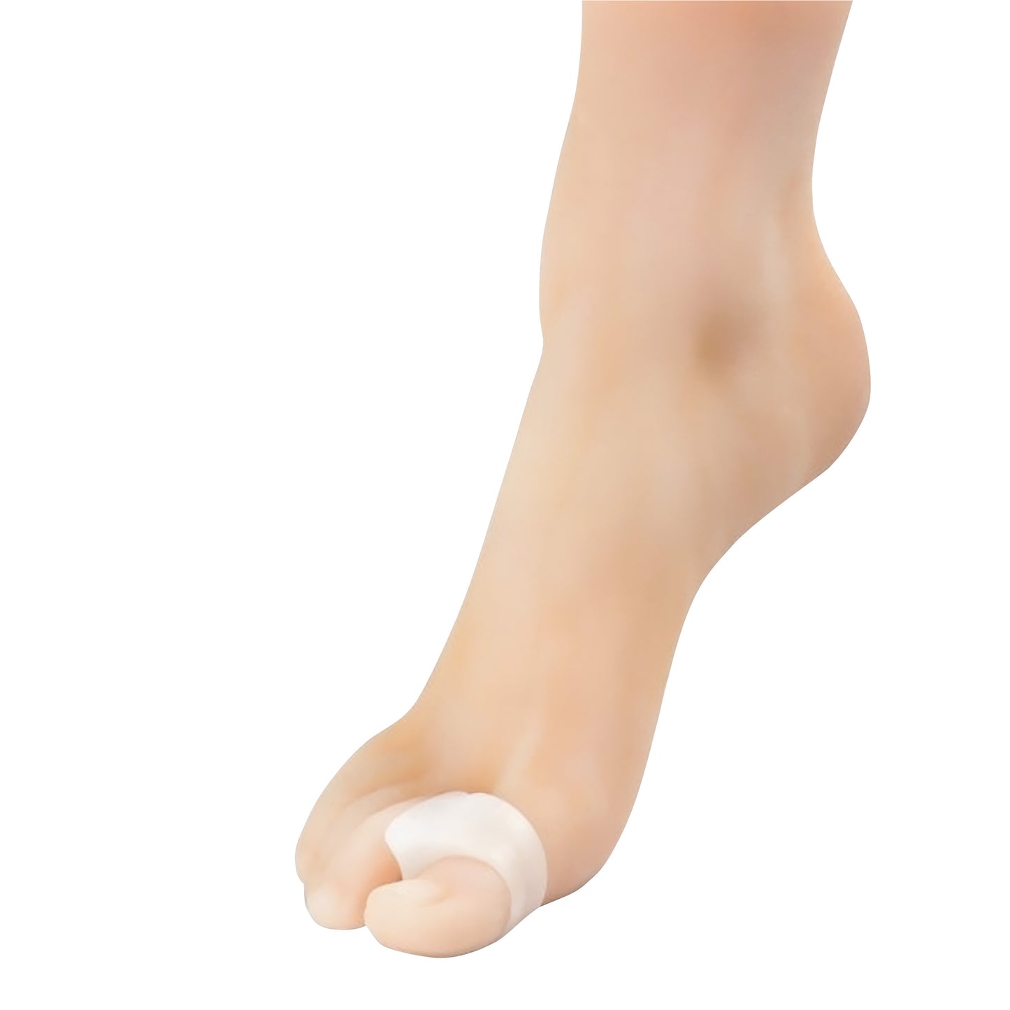 A foot wearing a Silipos No-Slip All-Gel Toe Spacer placed between the big toe and second toe for alignment and comfort.