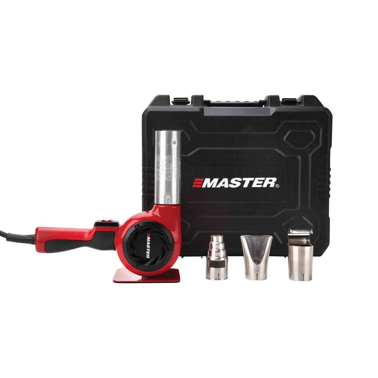Master Heat Gun set with a red heat gun, three metal nozzles, and a black carrying case labeled "Master."