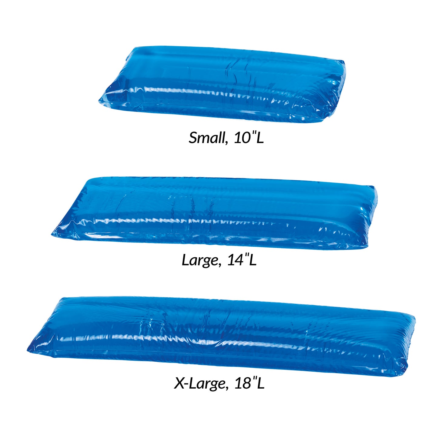 Three sizes of AliMed AliBlue Gel Axillary Roll in blue: Small (10"L), Large (14"L), X-Large (18"L), displayed horizontally.
