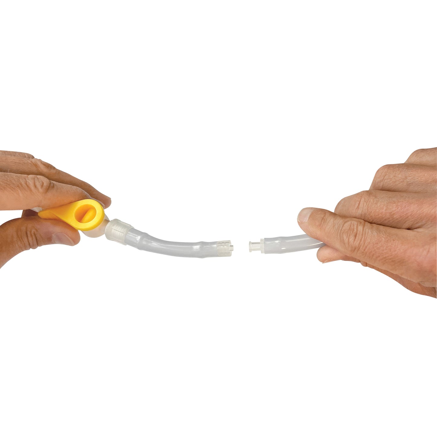 Two hands hold the AliMed Adjustable Surgical Thyroid Positioner, demonstrating its adjustable, detachable tubing feature.