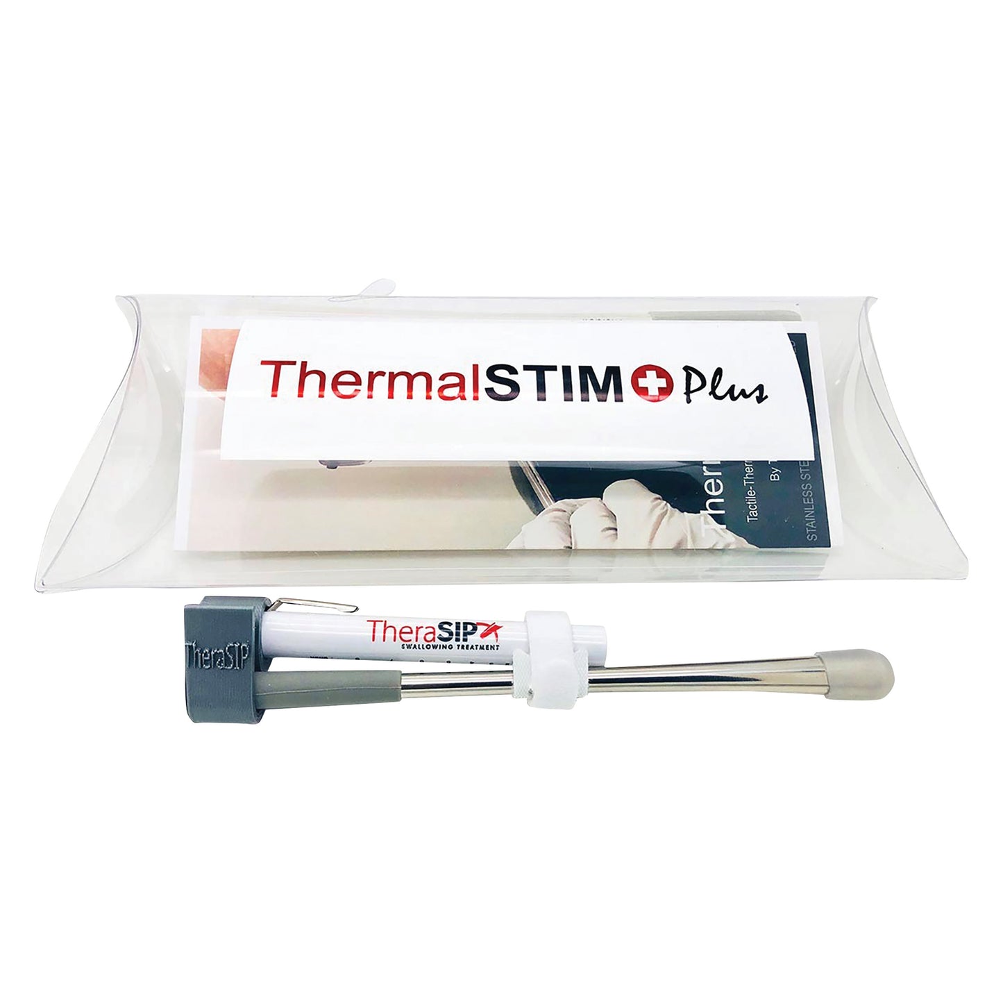 TheraSIP ThermalSTIM PLUS device shown with its packaging; a metal instrument for swallowing treatment therapy.