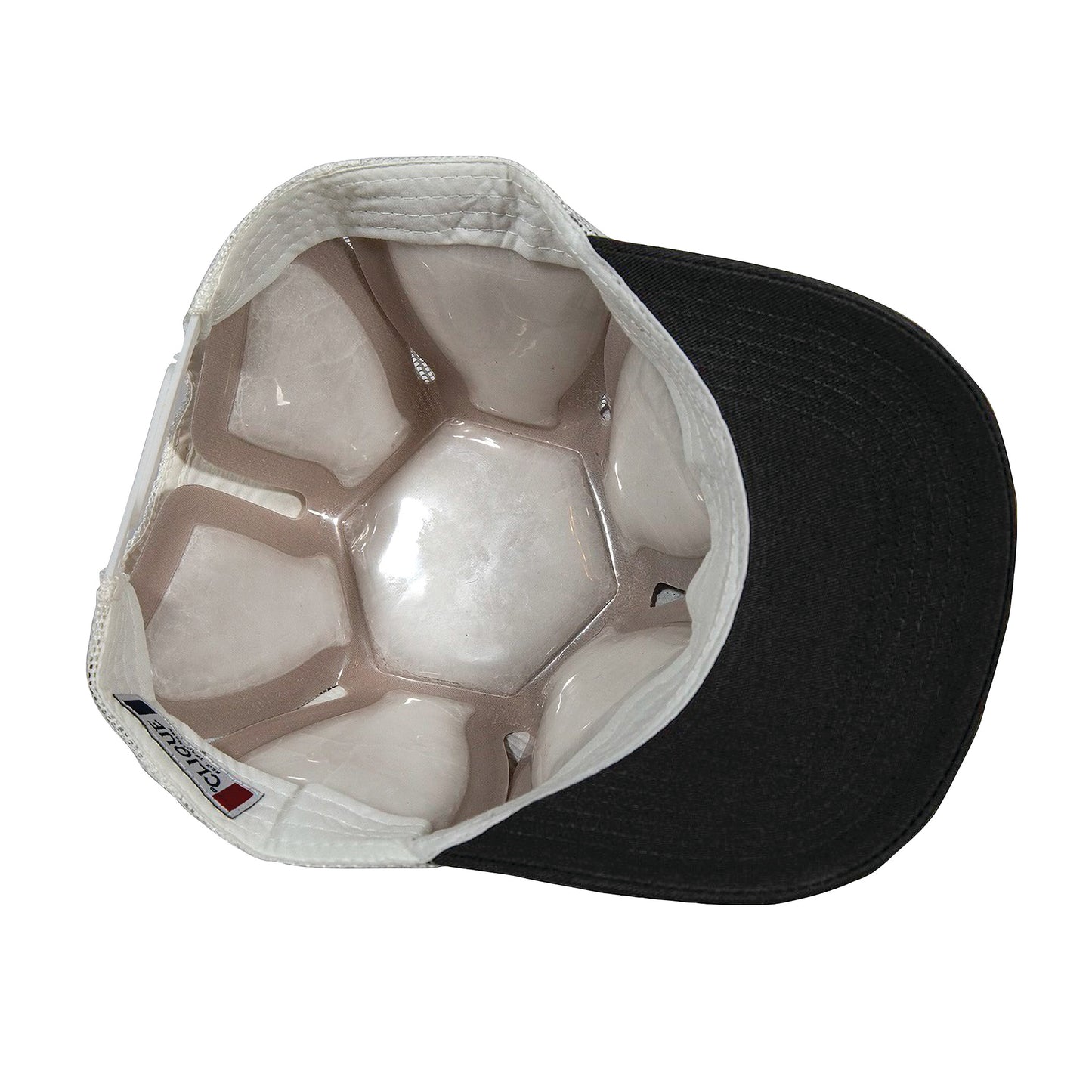 The Xena Therapies Onyx Cool Cap features a black brim and cushioned hexagonal cooling pads inside the white cap.