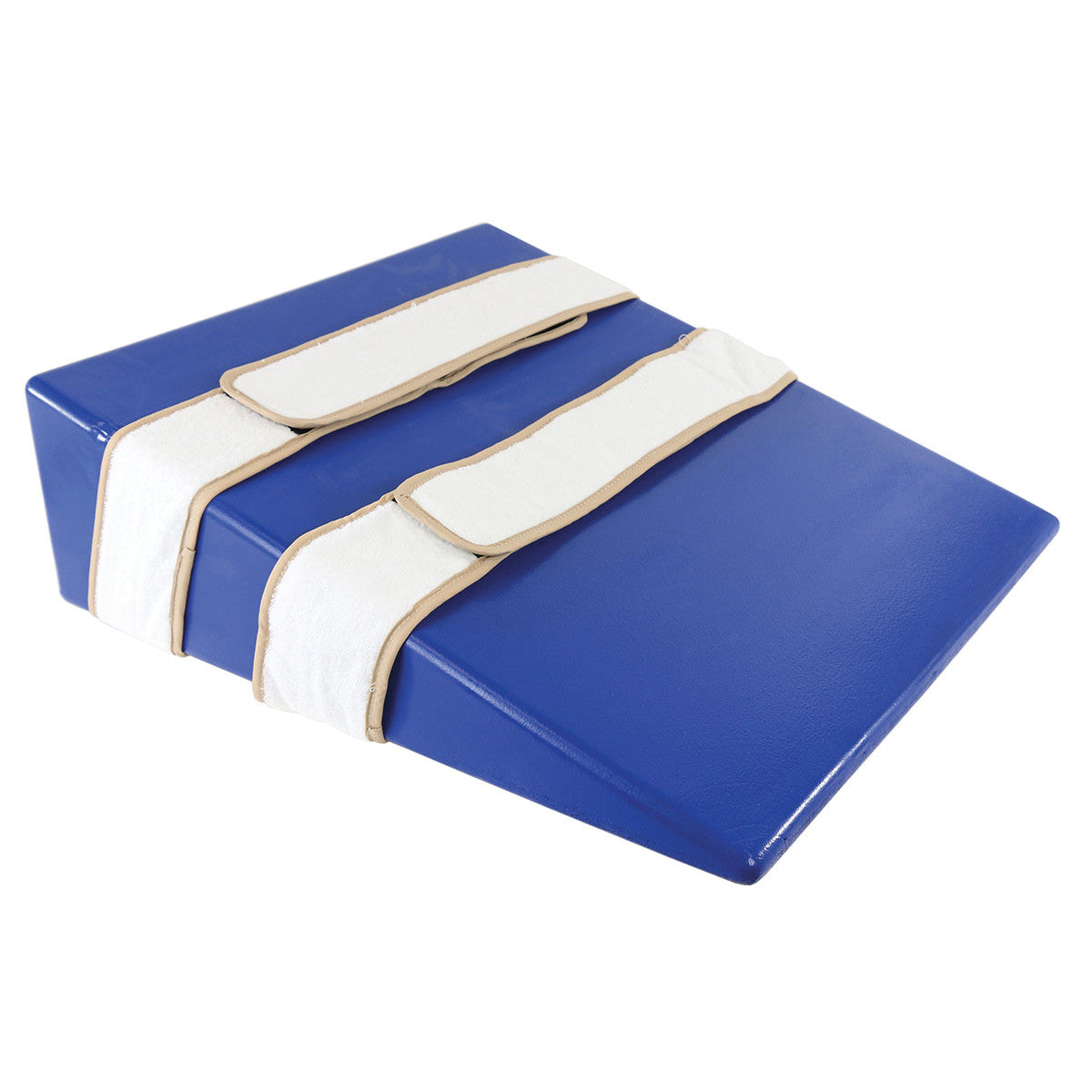 A blue Skillbuilders Strap Wedge with two attached white straps for positioning and support.