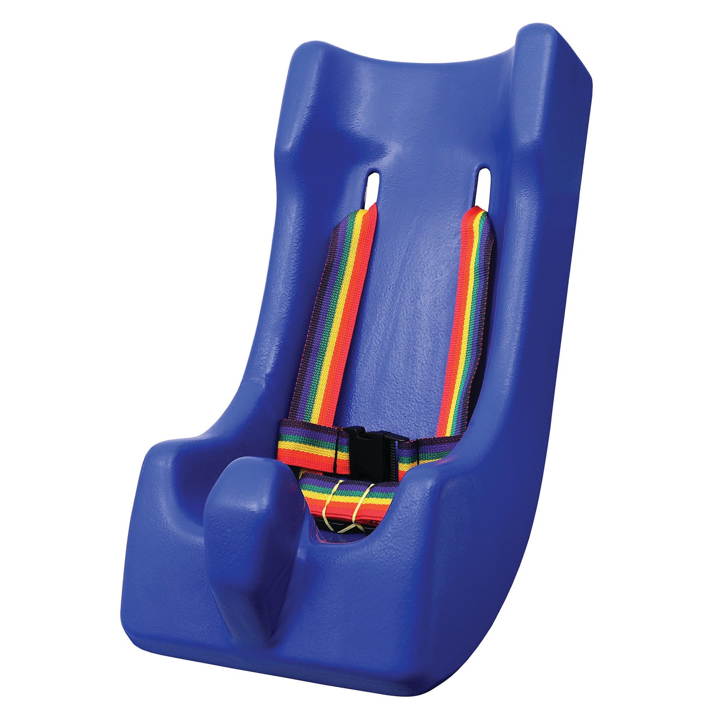 Blue Skillbuilders Feeder Seat with rainbow harness for support and stability.