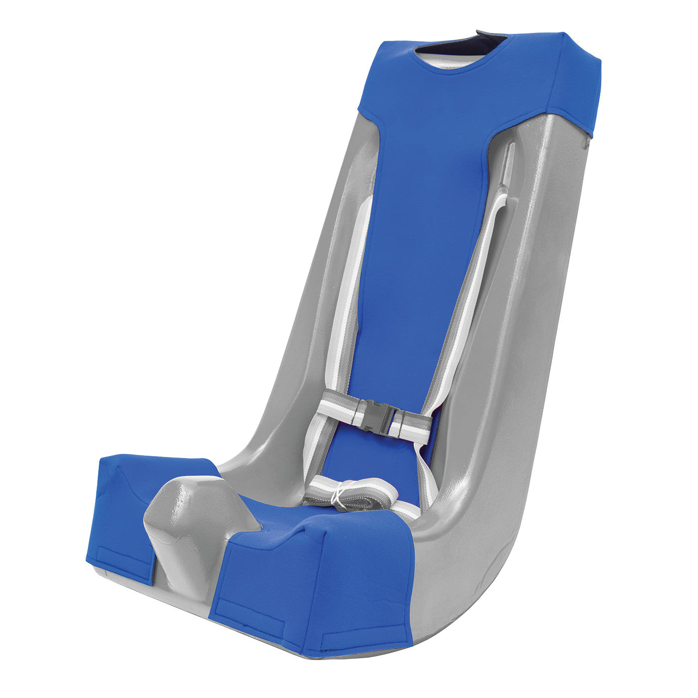 Blue Cover for Skillbuilders Feeder Seat on a gray plastic seat base with a safety harness.