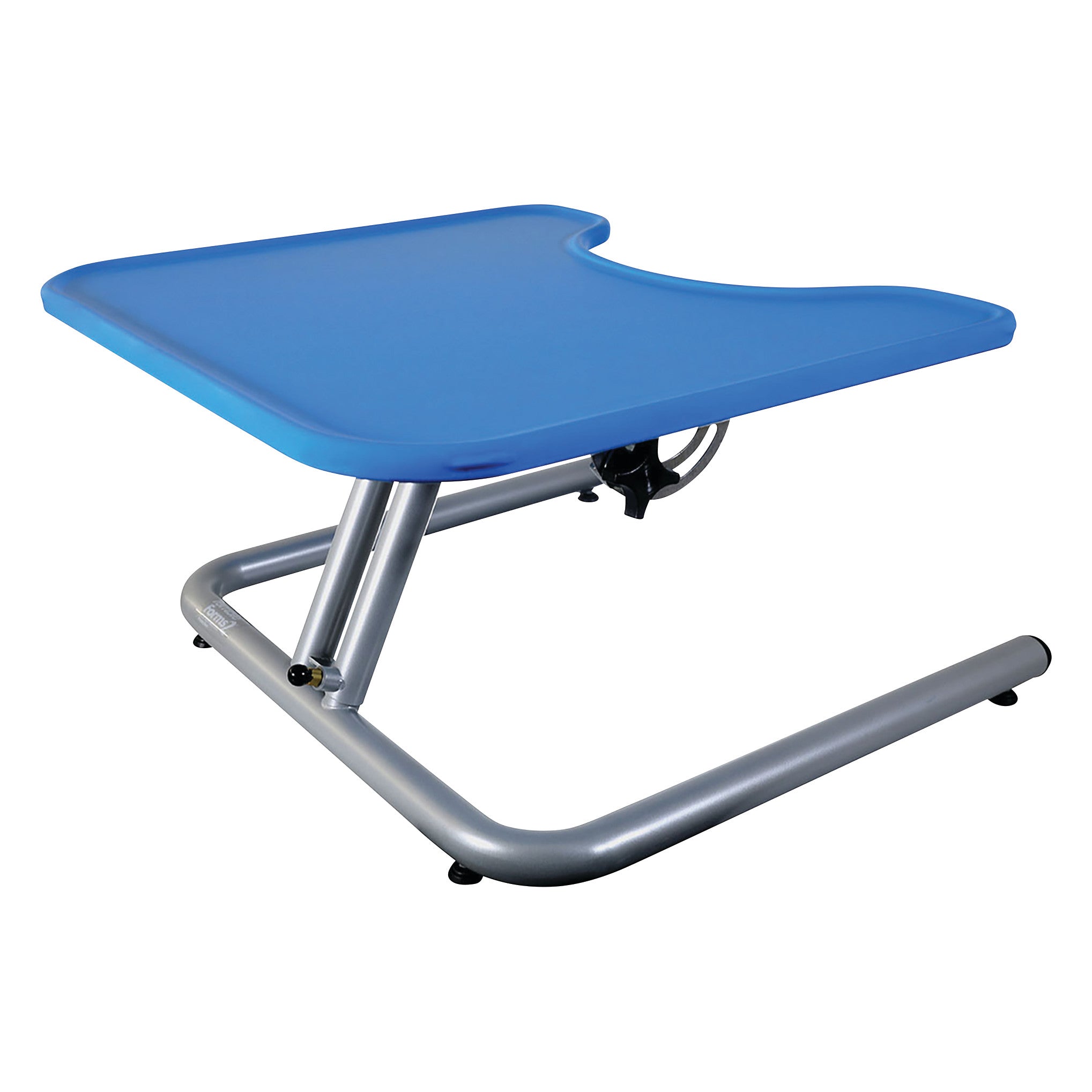 The Skillbuilders Adjustable Tray features a blue top with a contoured design and a durable silver metal frame for support.