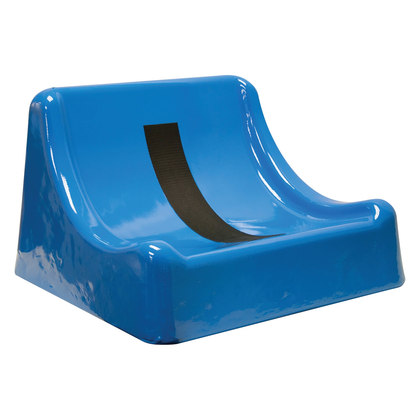 Blue molded plastic seat with a black strap, designed as a Wedge Base for Skillbuilders Floor Sitter, used for positioning.
