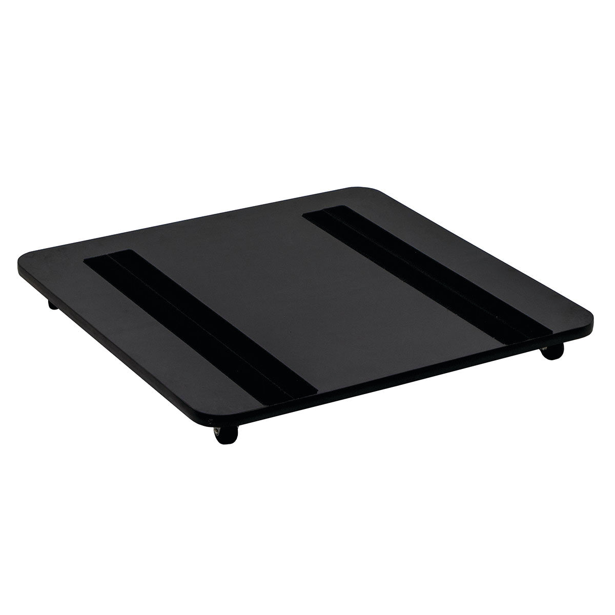 A black Mobile Base for Skillbuilders Floor Sitter with wheels and two parallel non-slip strips on the surface.