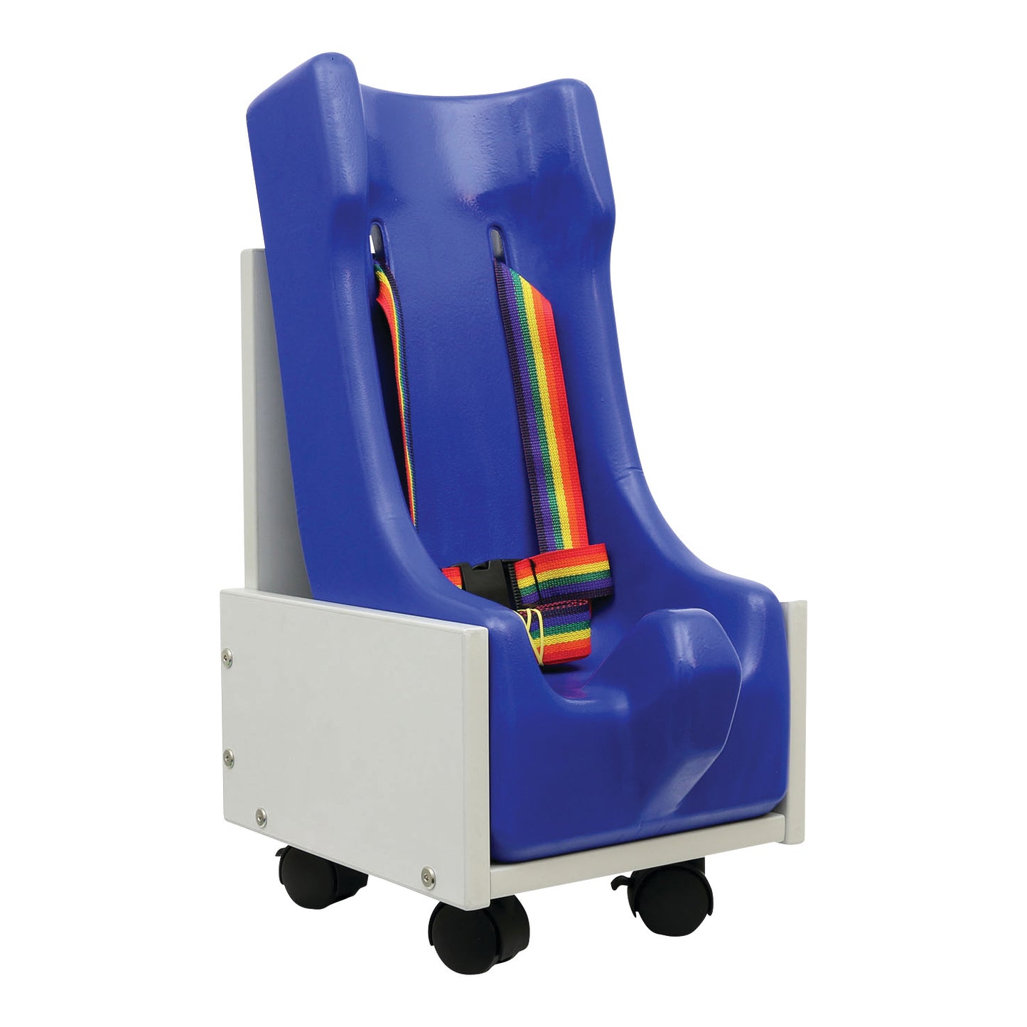 The Skillbuilders Two-Piece Mobile Floor Sitter is shown with a blue molded seat, rainbow harness, and wheels for mobility.