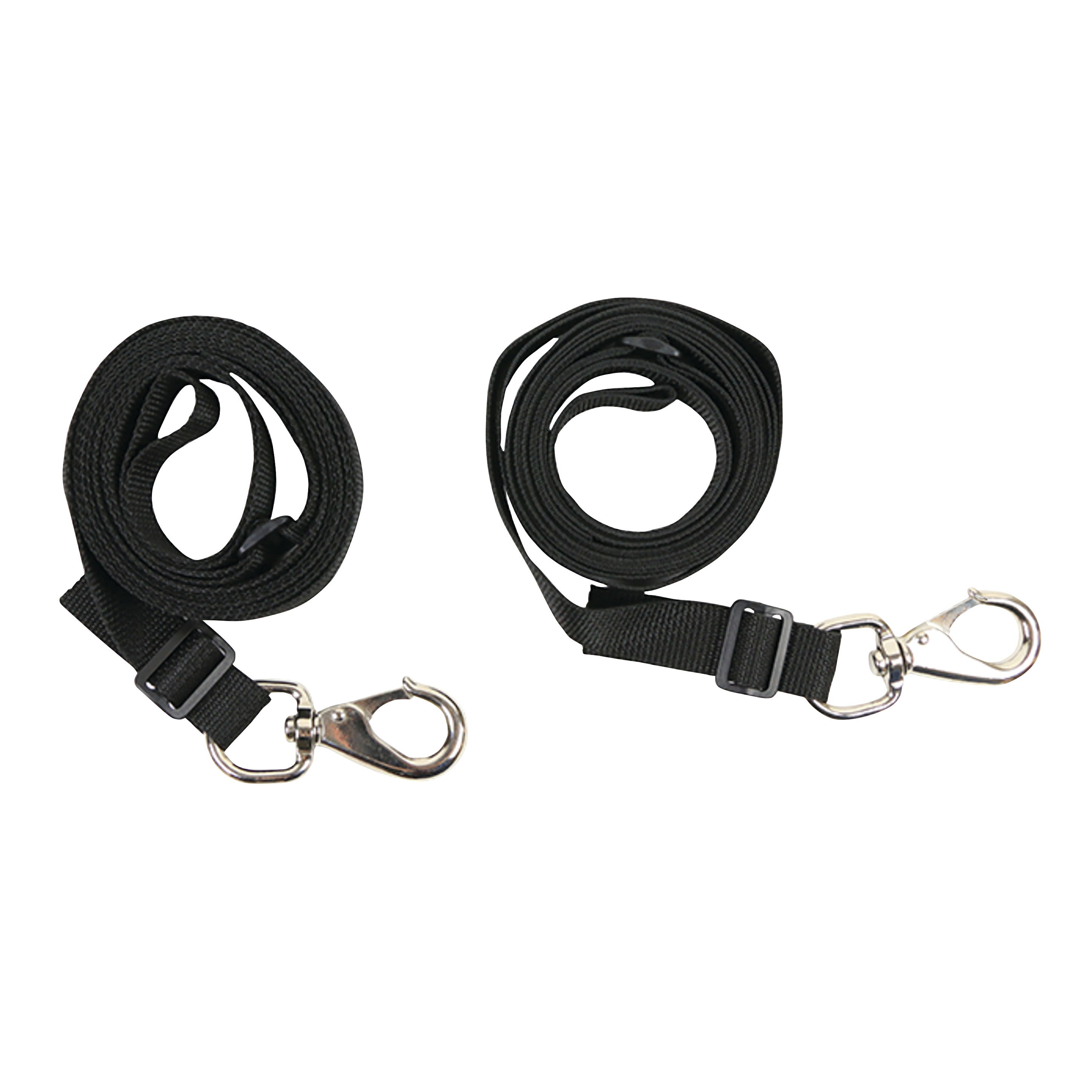 Two black nylon tie-down straps with metal hooks, labeled as Tie-Down Strap for Skillbuilders Full Support Swing Seat.