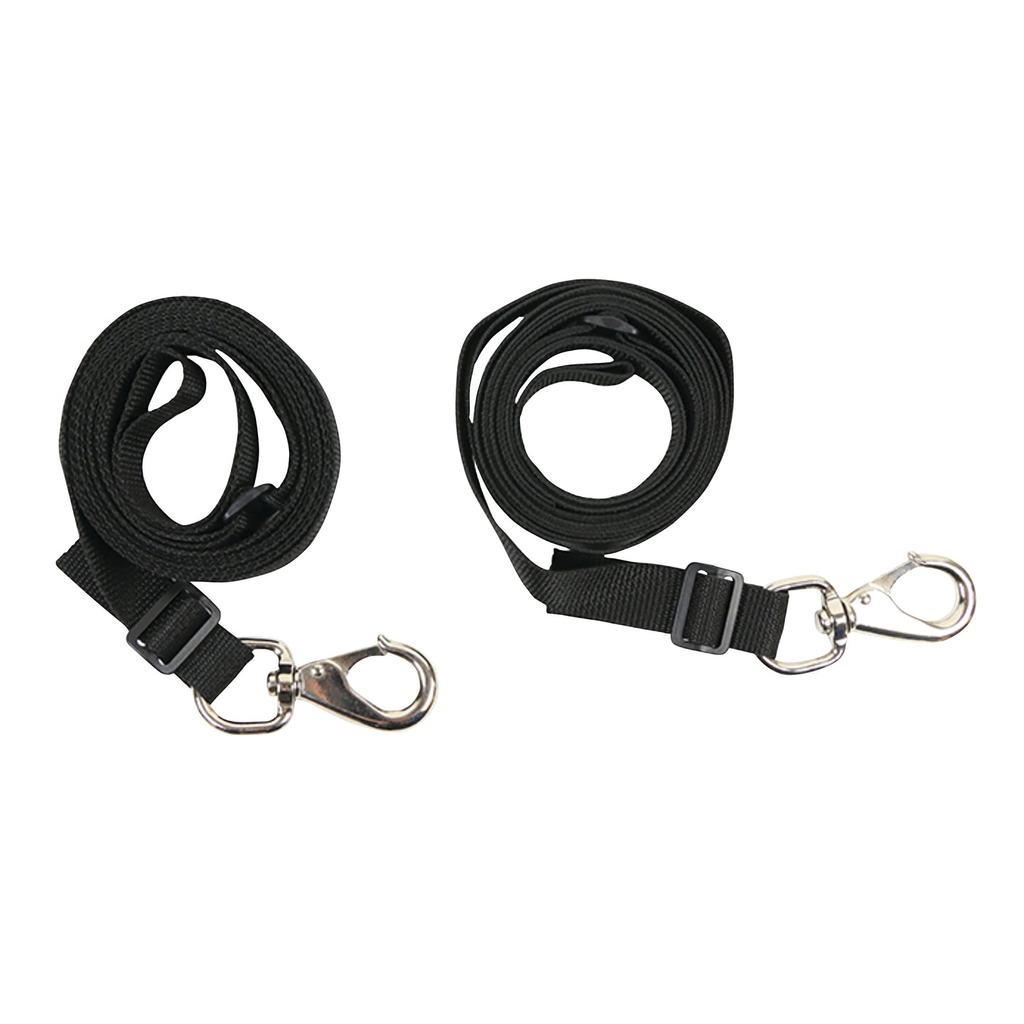 Two black nylon tie-down straps with metal hooks, labeled as Tie-Down Strap for Skillbuilders Full Support Swing Seat.