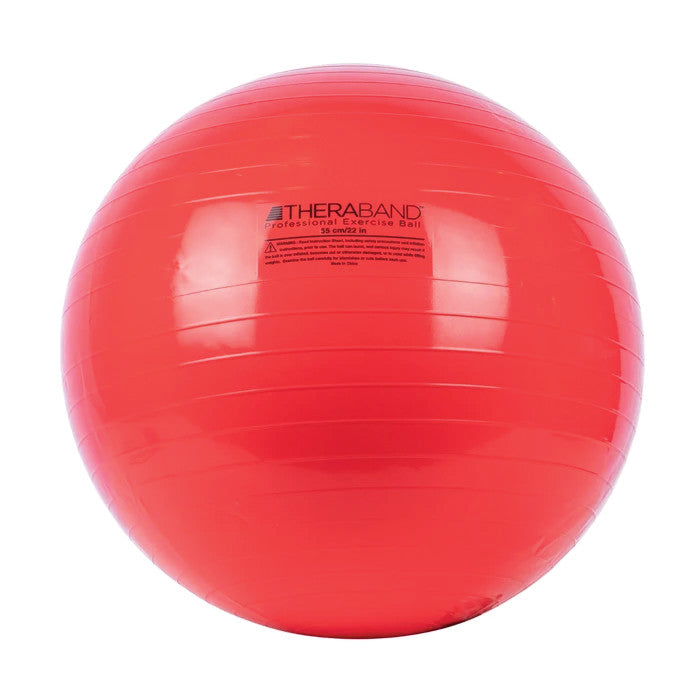 A red THERABAND Exercise Ball, featuring horizontal ridges and text on its surface, designed for fitness and stability exercises.