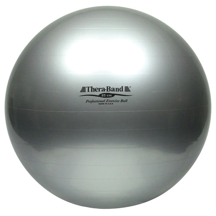 A silver THERABAND Exercise Ball, 85 cm, labeled "Professional Exercise Ball, Made in USA", displayed against a white background.