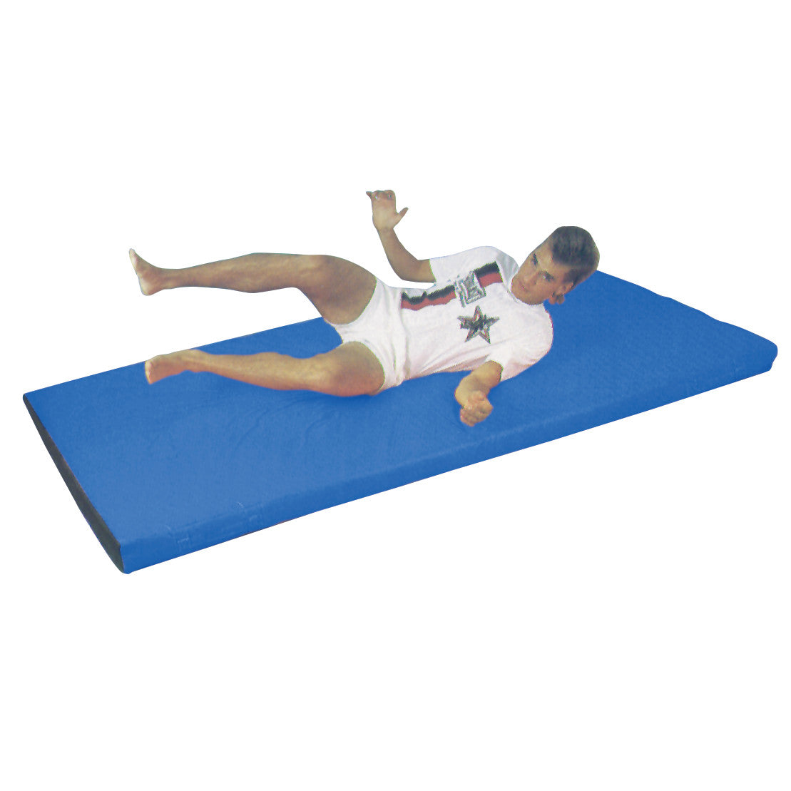 A person is exercising on an AliMed Extra-Thick Exercise Mat, which is blue and rectangular.
