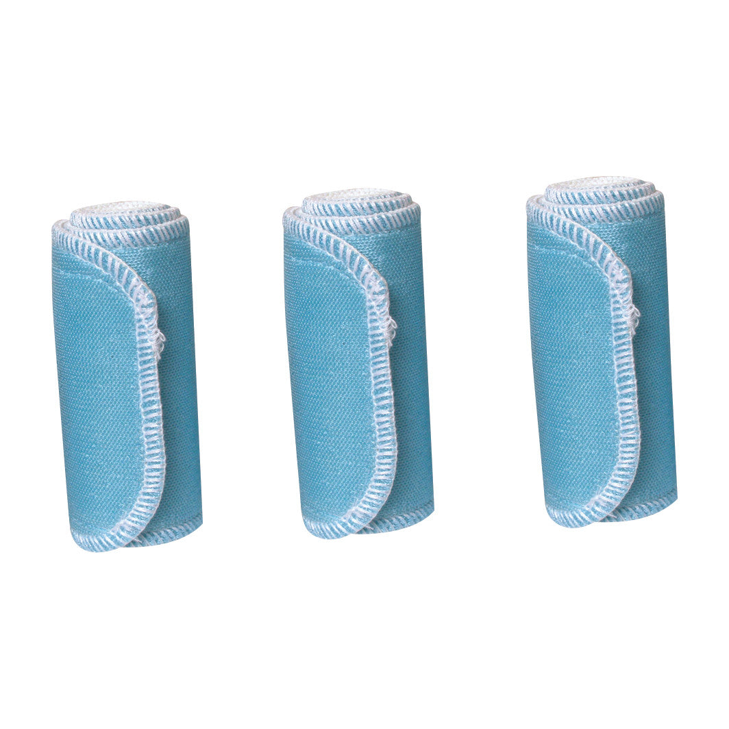 Three rolled Chattanooga Nylatex Wraps in blue fabric with white stitching are displayed upright against a white background.