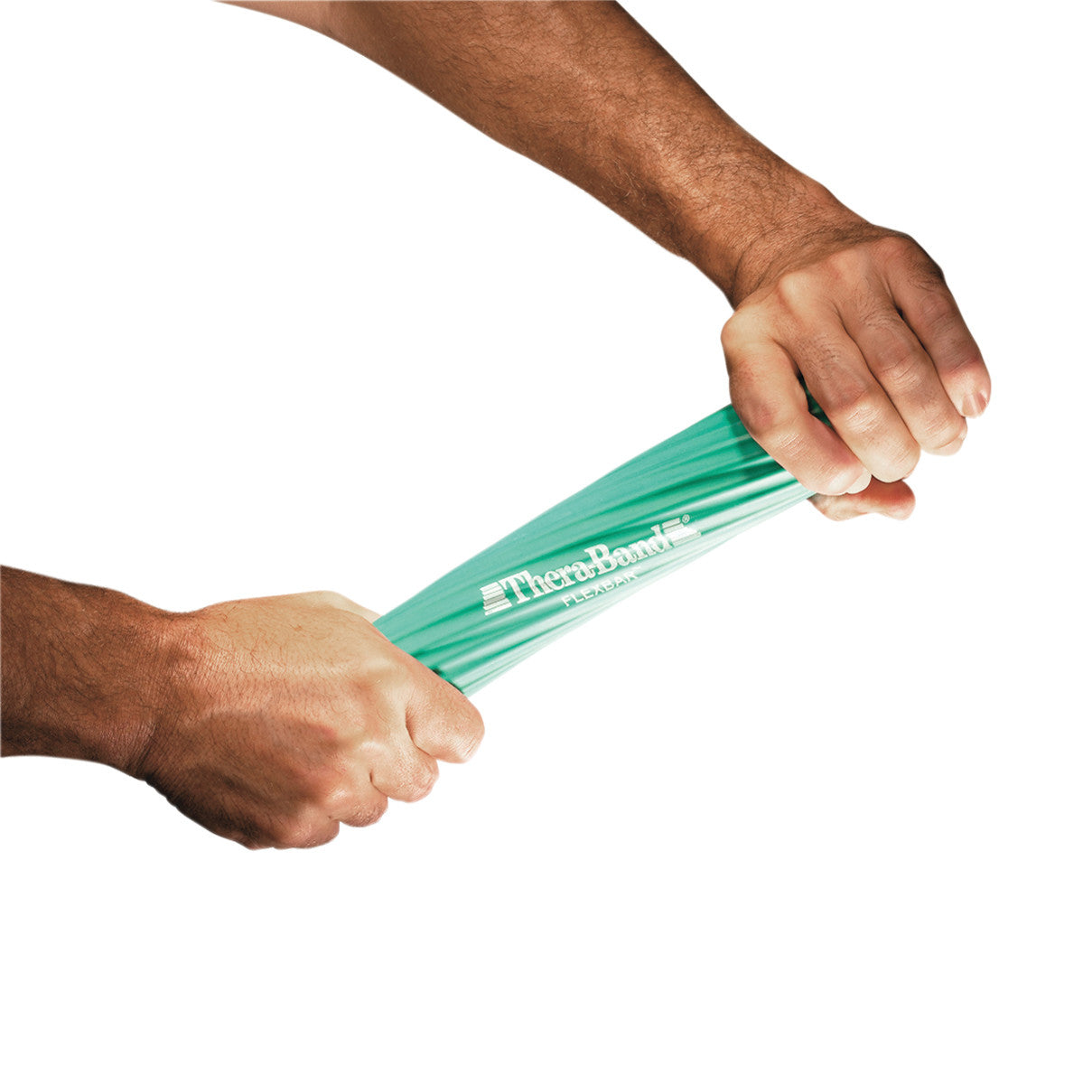 Two hands stretching a green THERABAND FlexBar against a white background.
