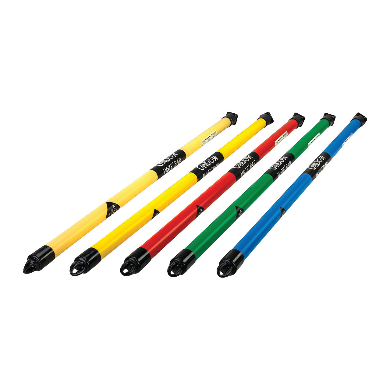 Five CanDo WaTE Bar Set bars in yellow, red, green, and blue, shown with black ends and labels, laid horizontally.
